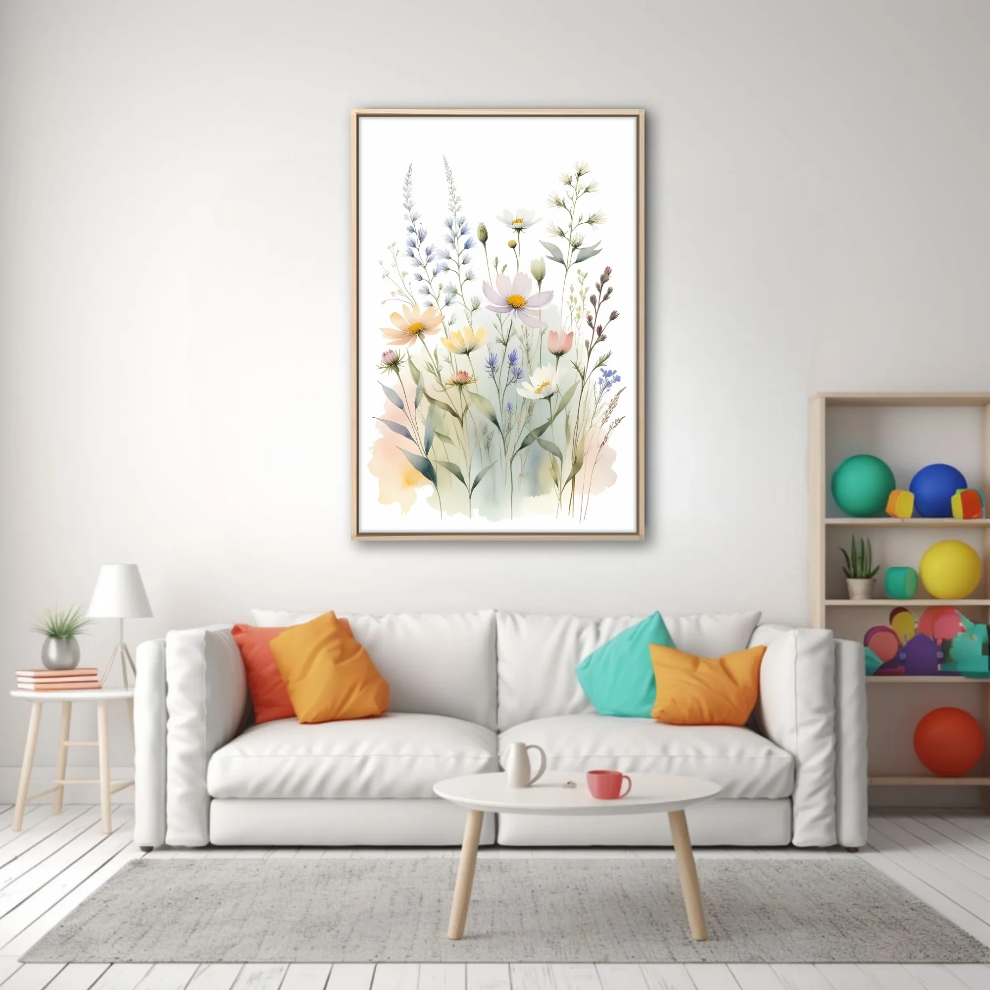 Watercolor-style wildflower meadow illustration in soft pastel tones, airy botanical print
