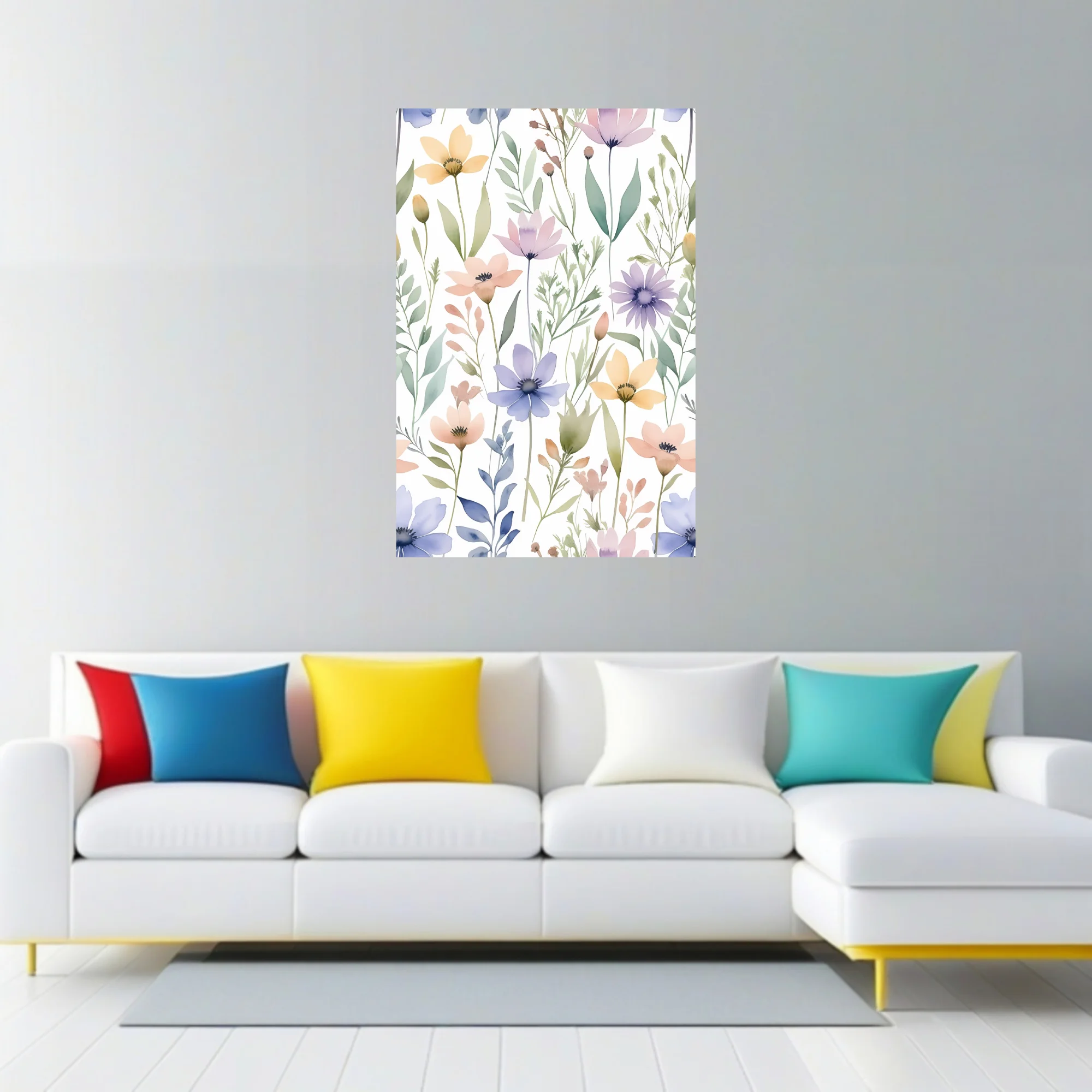 Watercolor-style wildflower pattern in pastel pink, lavender, blue, and yellow