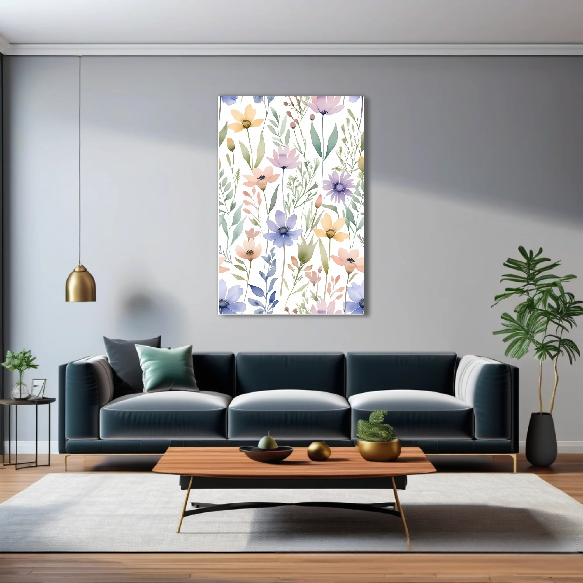 Watercolor-style wildflower pattern in pastel pink, lavender, blue, and yellow