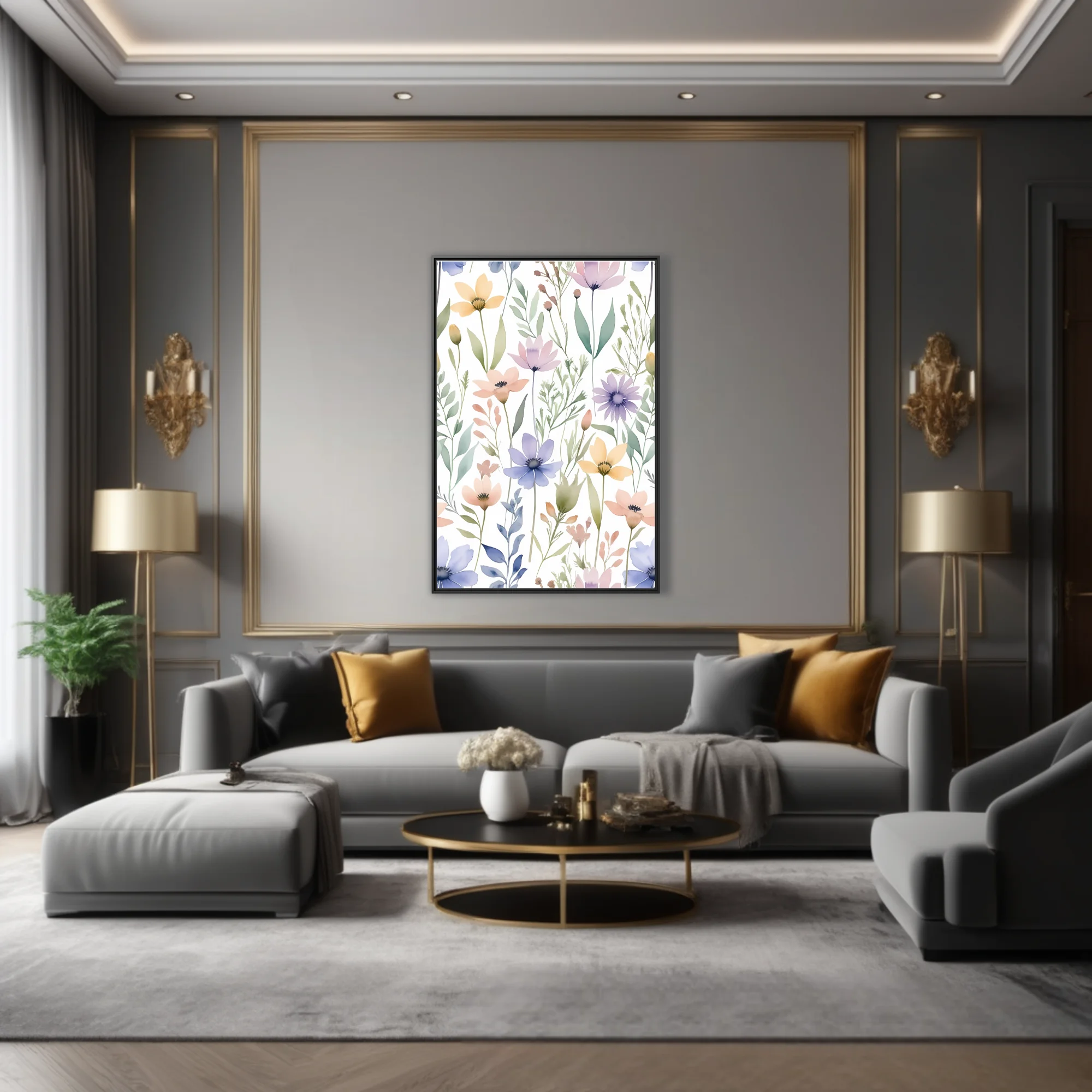 Watercolor-style wildflower pattern in pastel pink, lavender, blue, and yellow