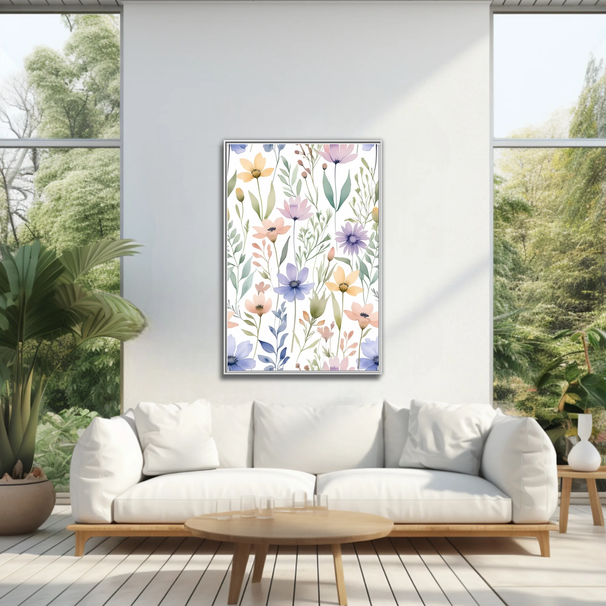Watercolor-style wildflower pattern in pastel pink, lavender, blue, and yellow