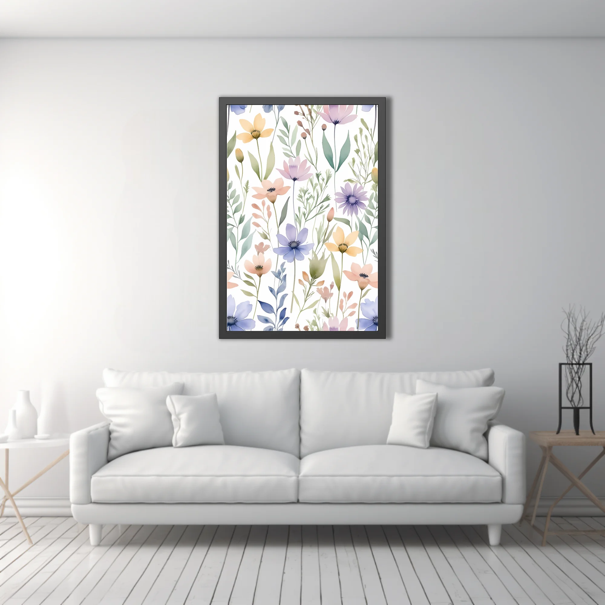 Watercolor-style wildflower pattern in pastel pink, lavender, blue, and yellow
