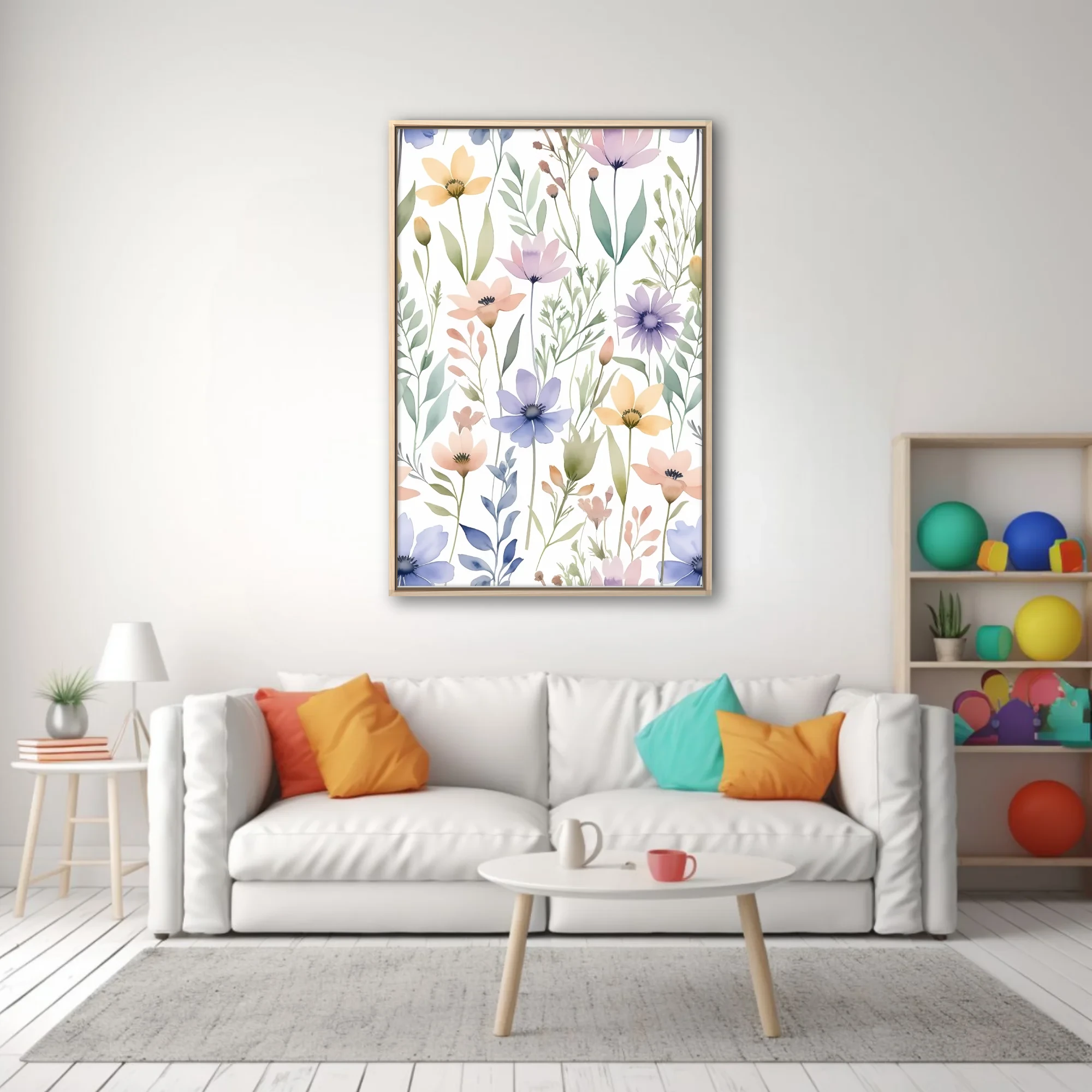 Watercolor-style wildflower pattern in pastel pink, lavender, blue, and yellow