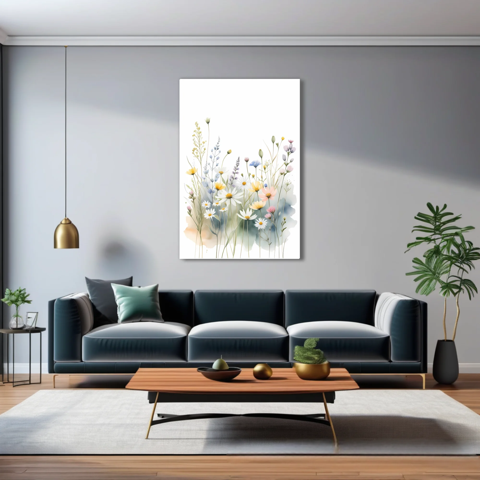 Watercolor-style wildflower meadow illustration, pastel botanical wall art