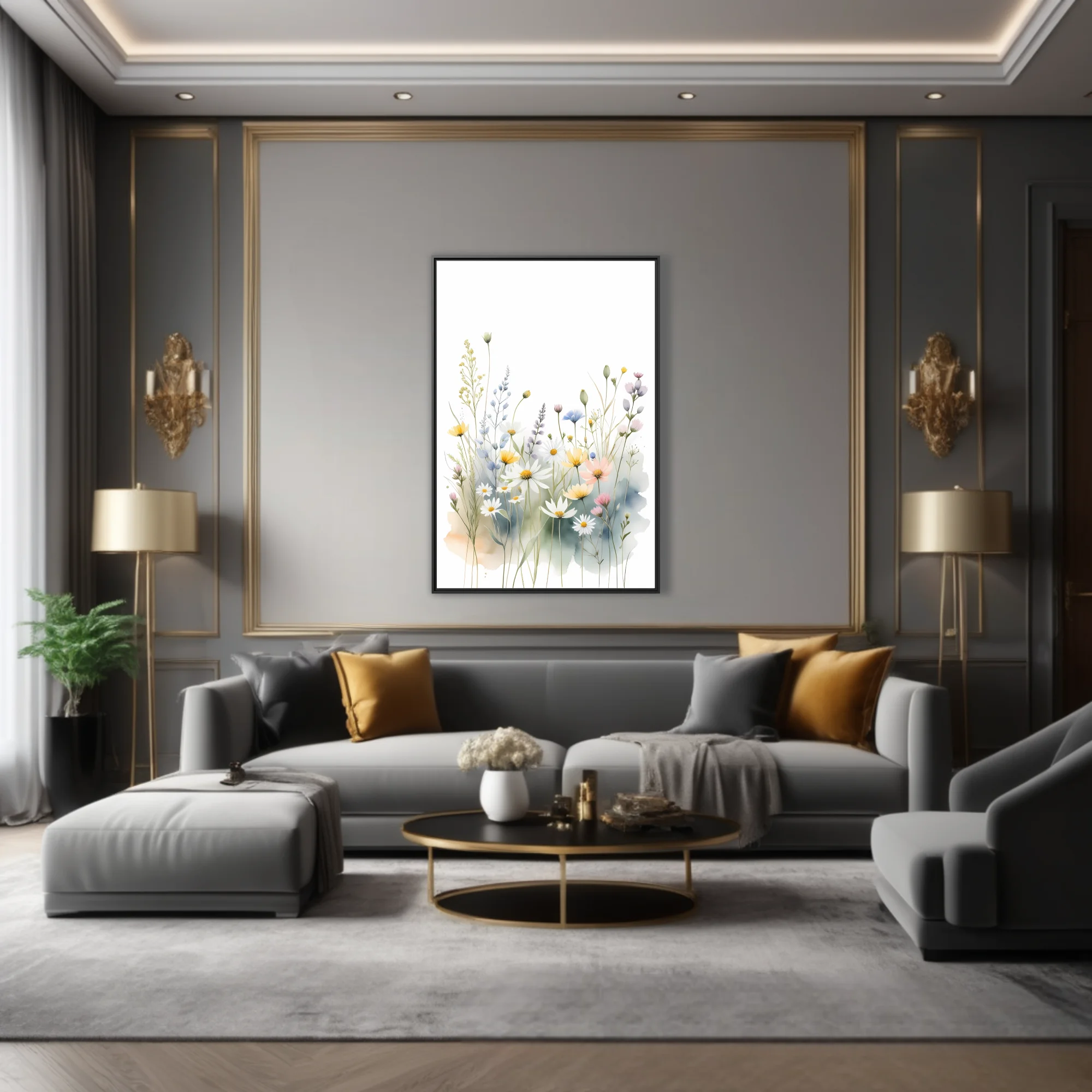 Watercolor-style wildflower meadow illustration, pastel botanical wall art