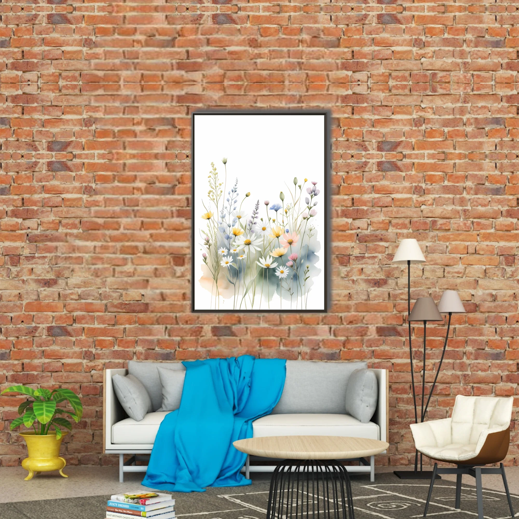 Watercolor-style wildflower meadow illustration, pastel botanical wall art