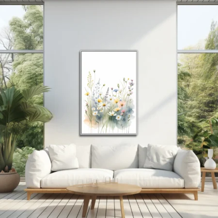 Watercolor-style wildflower meadow illustration, pastel botanical wall art