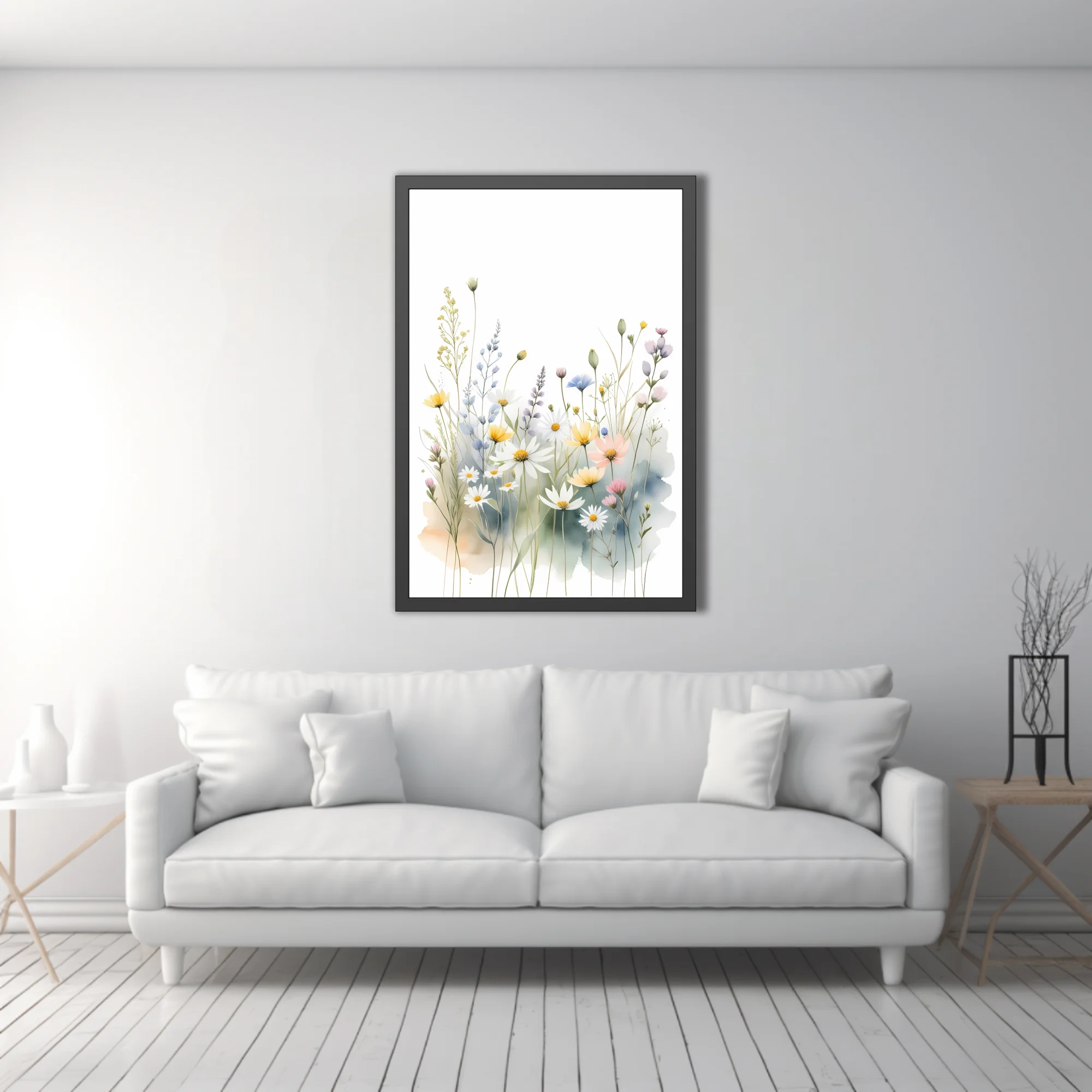 Watercolor-style wildflower meadow illustration, pastel botanical wall art