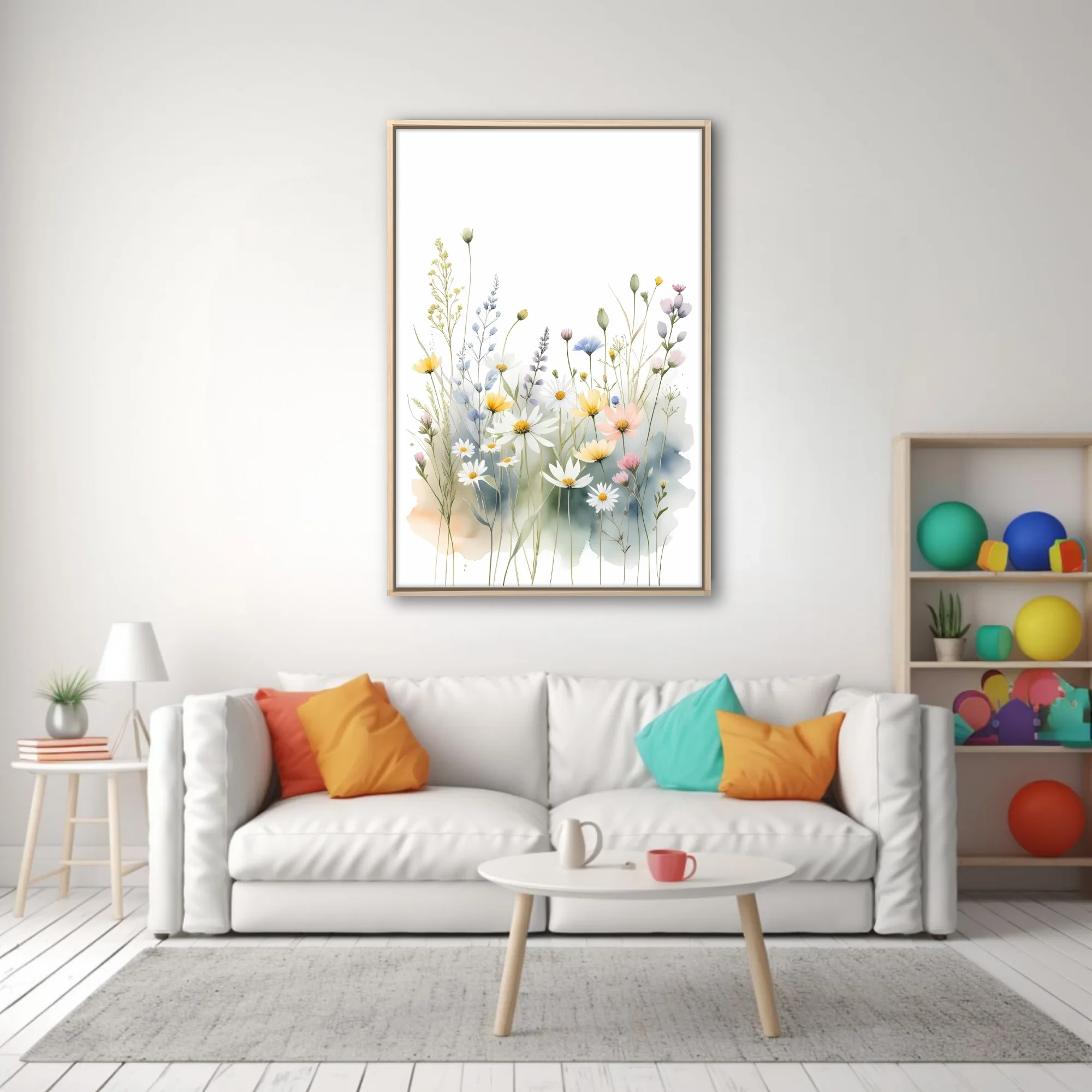 Watercolor-style wildflower meadow illustration, pastel botanical wall art
