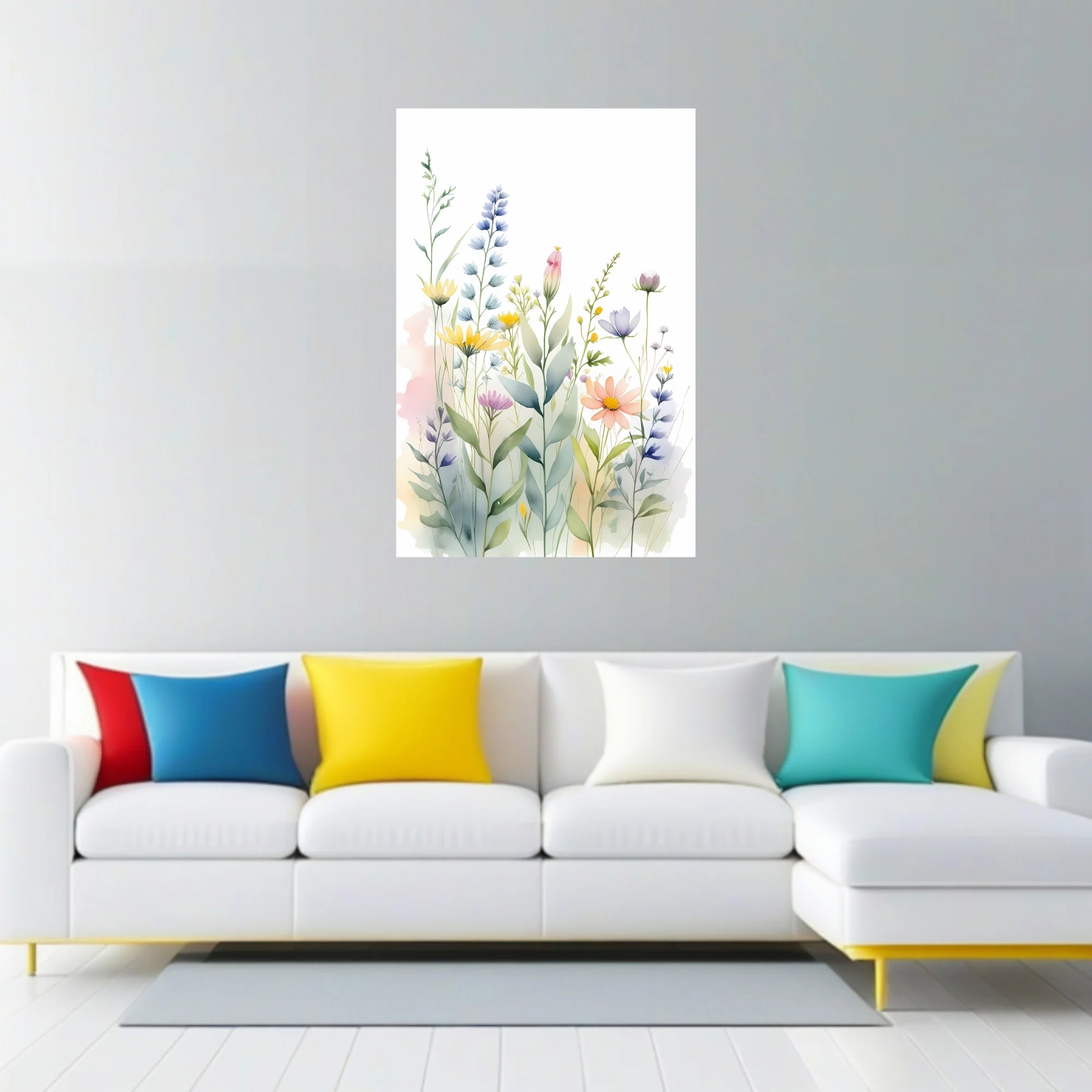 Watercolor-style wildflower botanical illustration in soft pastel blues, pinks, and yellows