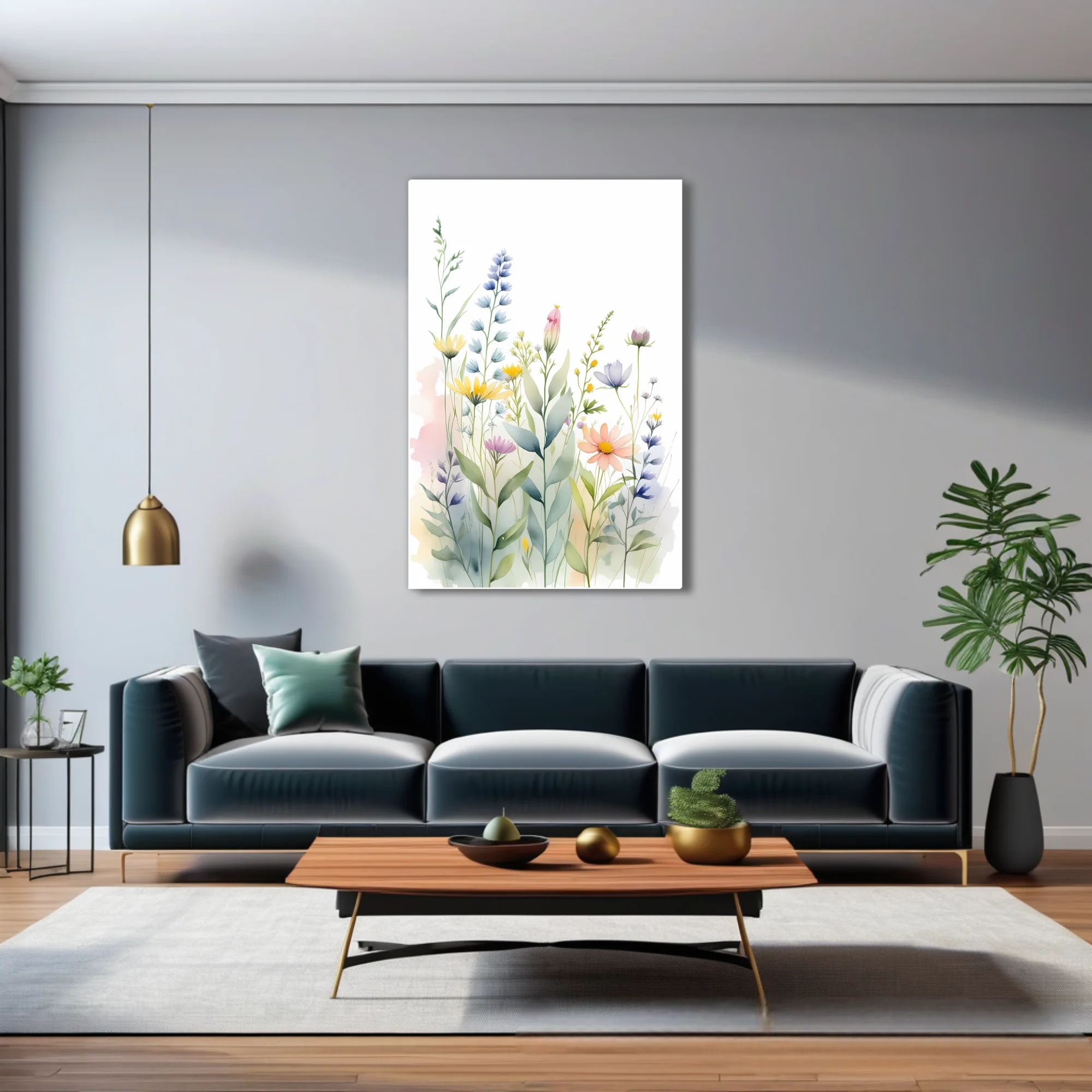 Watercolor-style wildflower botanical illustration in soft pastel blues, pinks, and yellows