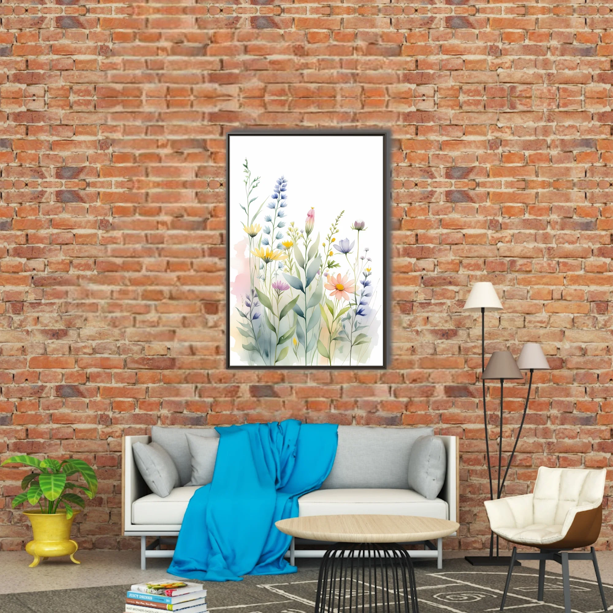 Watercolor-style wildflower botanical illustration in soft pastel blues, pinks, and yellows
