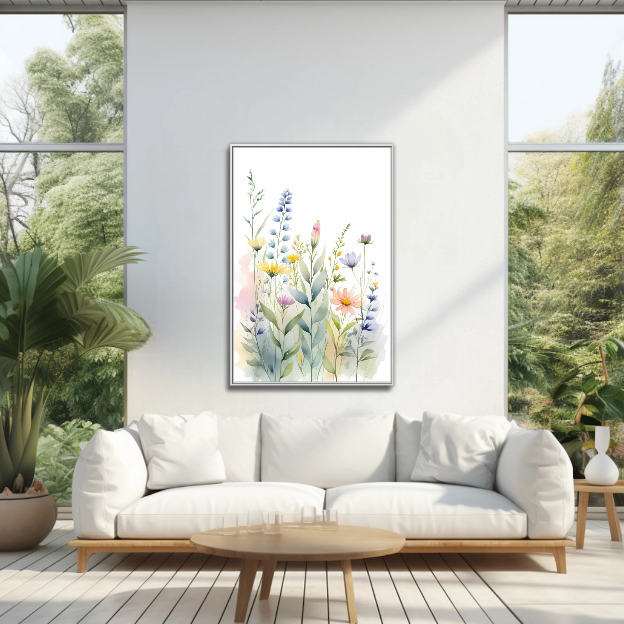 Watercolor-style wildflower botanical illustration in soft pastel blues, pinks, and yellows
