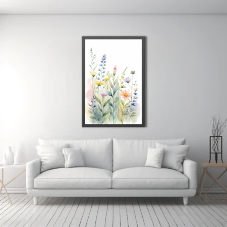 Watercolor-style wildflower botanical illustration in soft pastel blues, pinks, and yellows