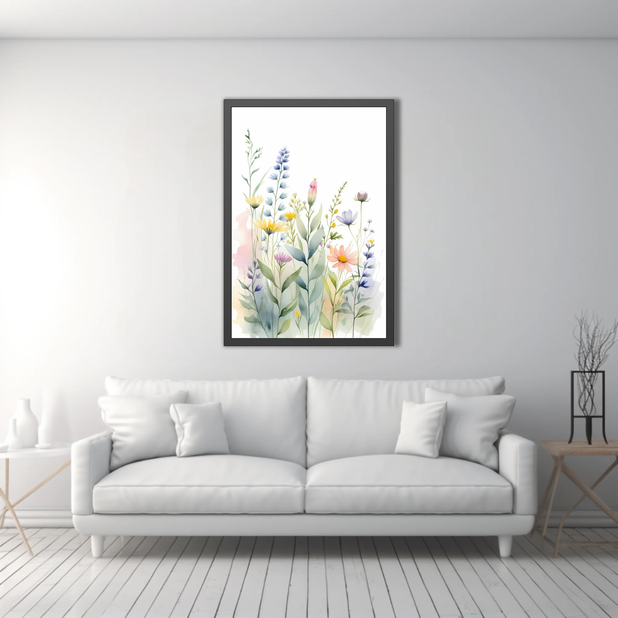 Watercolor-style wildflower botanical illustration in soft pastel blues, pinks, and yellows
