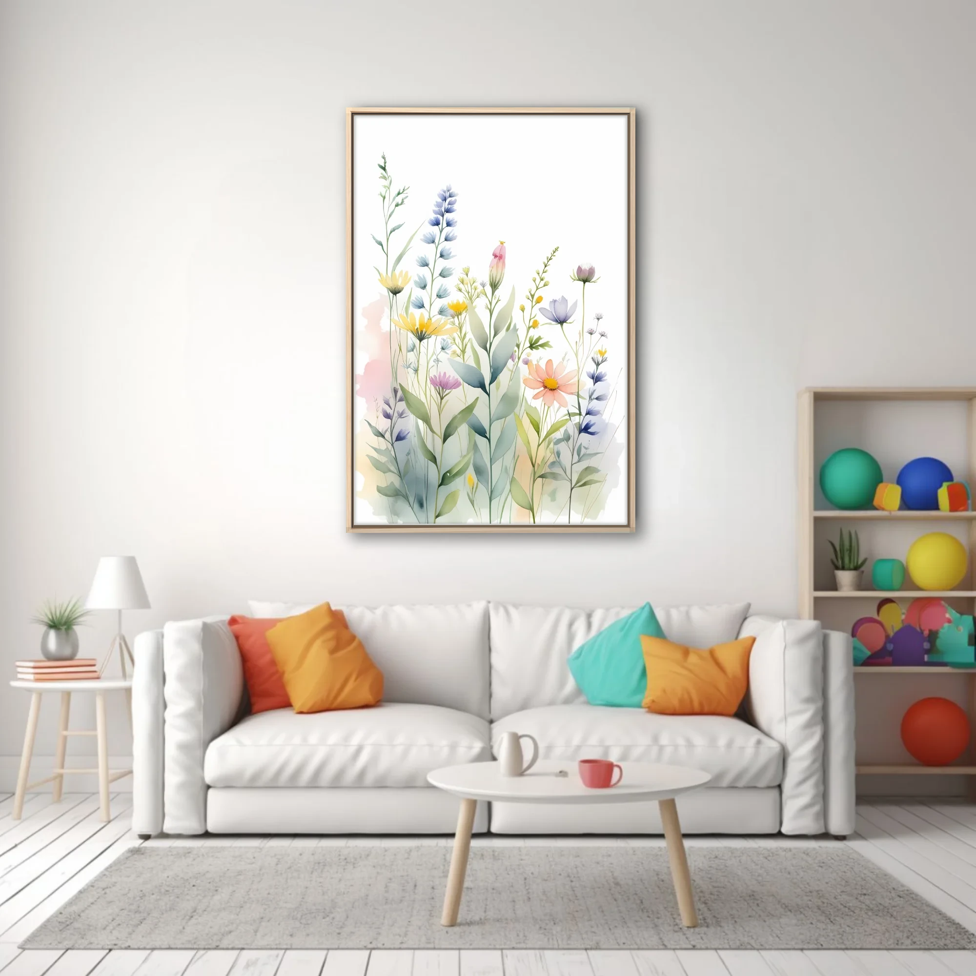 Watercolor-style wildflower botanical illustration in soft pastel blues, pinks, and yellows