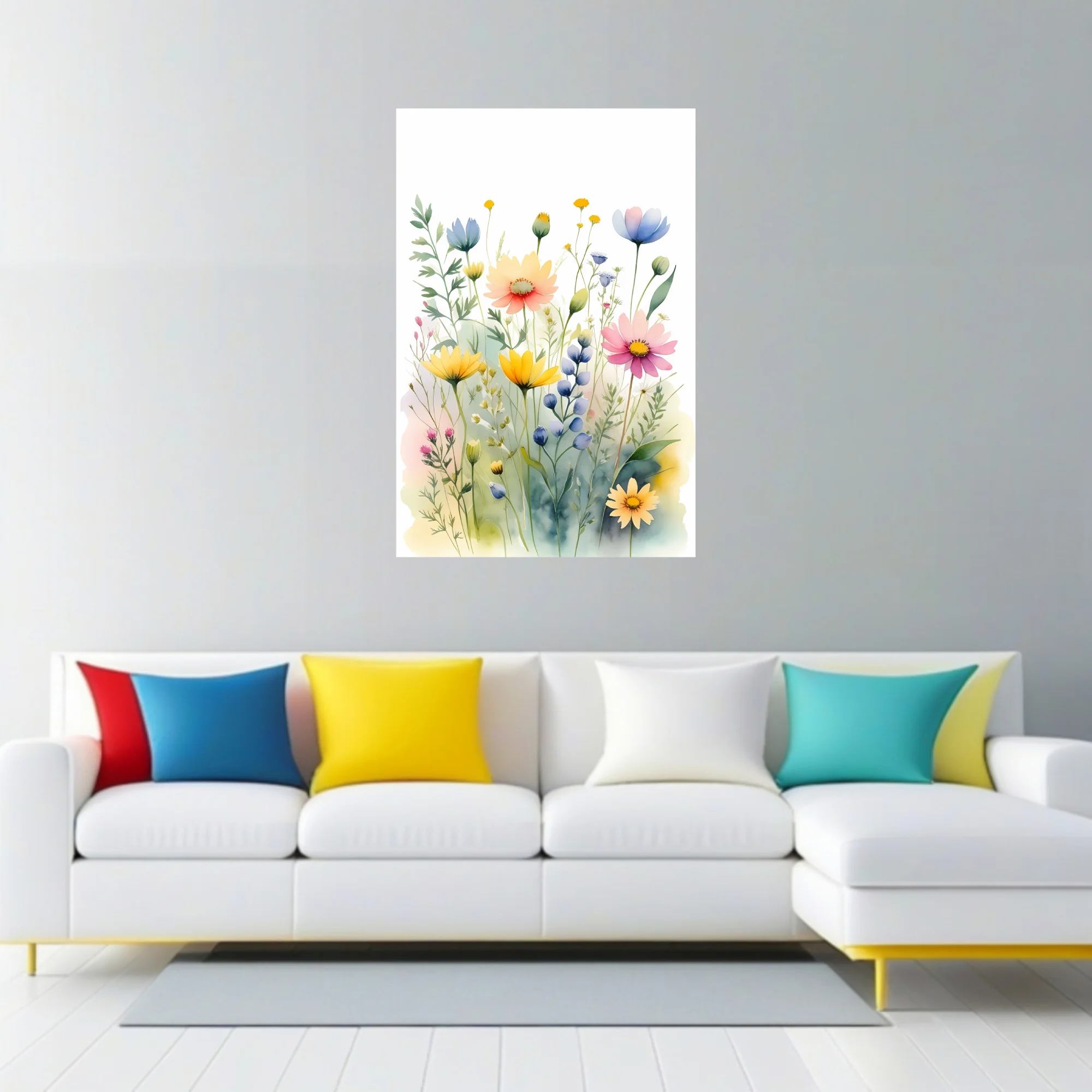 Watercolor-style wildflower meadow illustration in pastel yellow, pink and blue tones