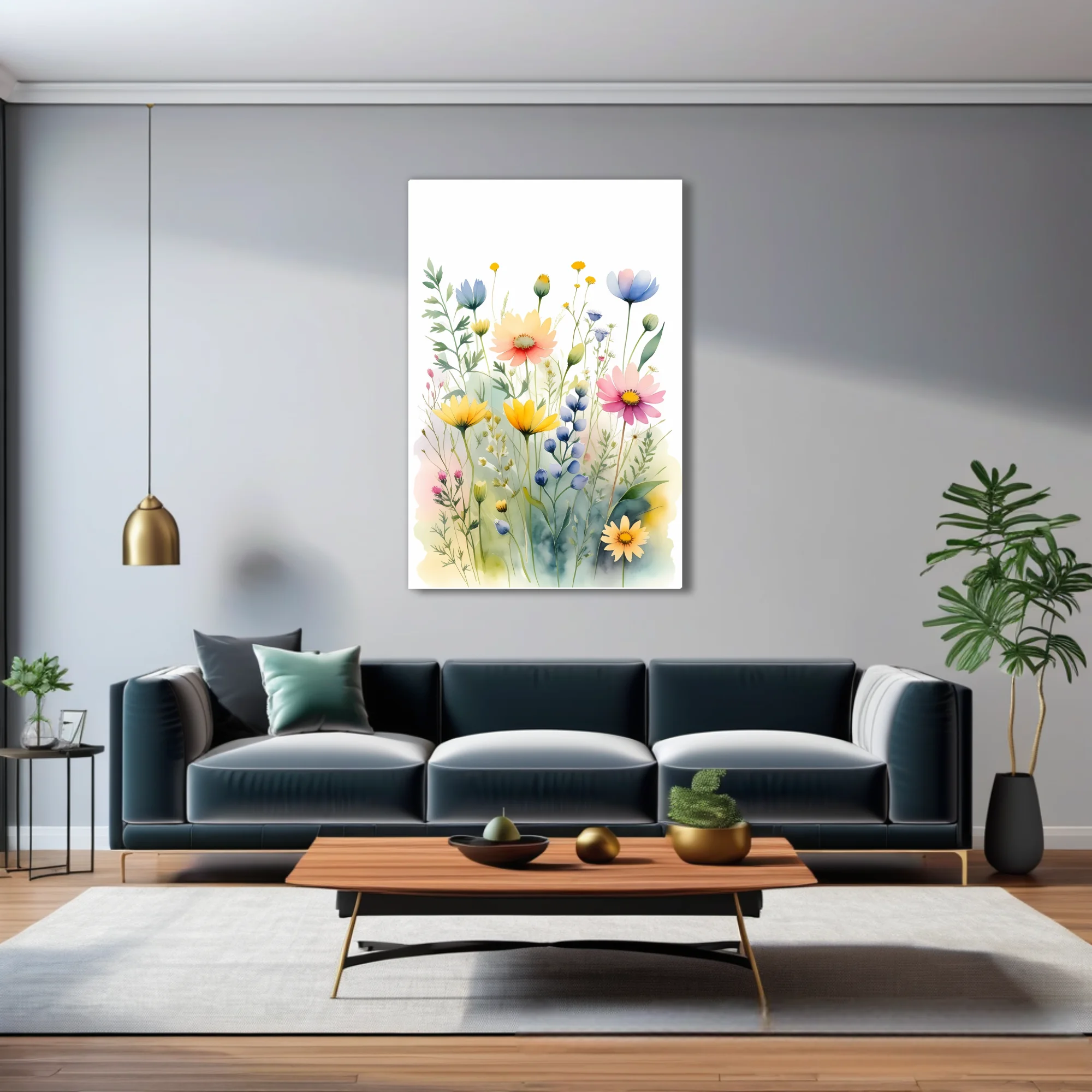 Watercolor-style wildflower meadow illustration in pastel yellow, pink and blue tones