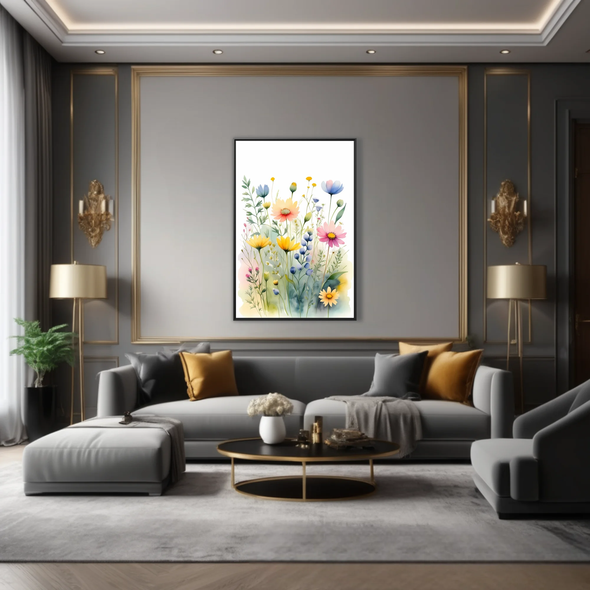 Watercolor-style wildflower meadow illustration in pastel yellow, pink and blue tones