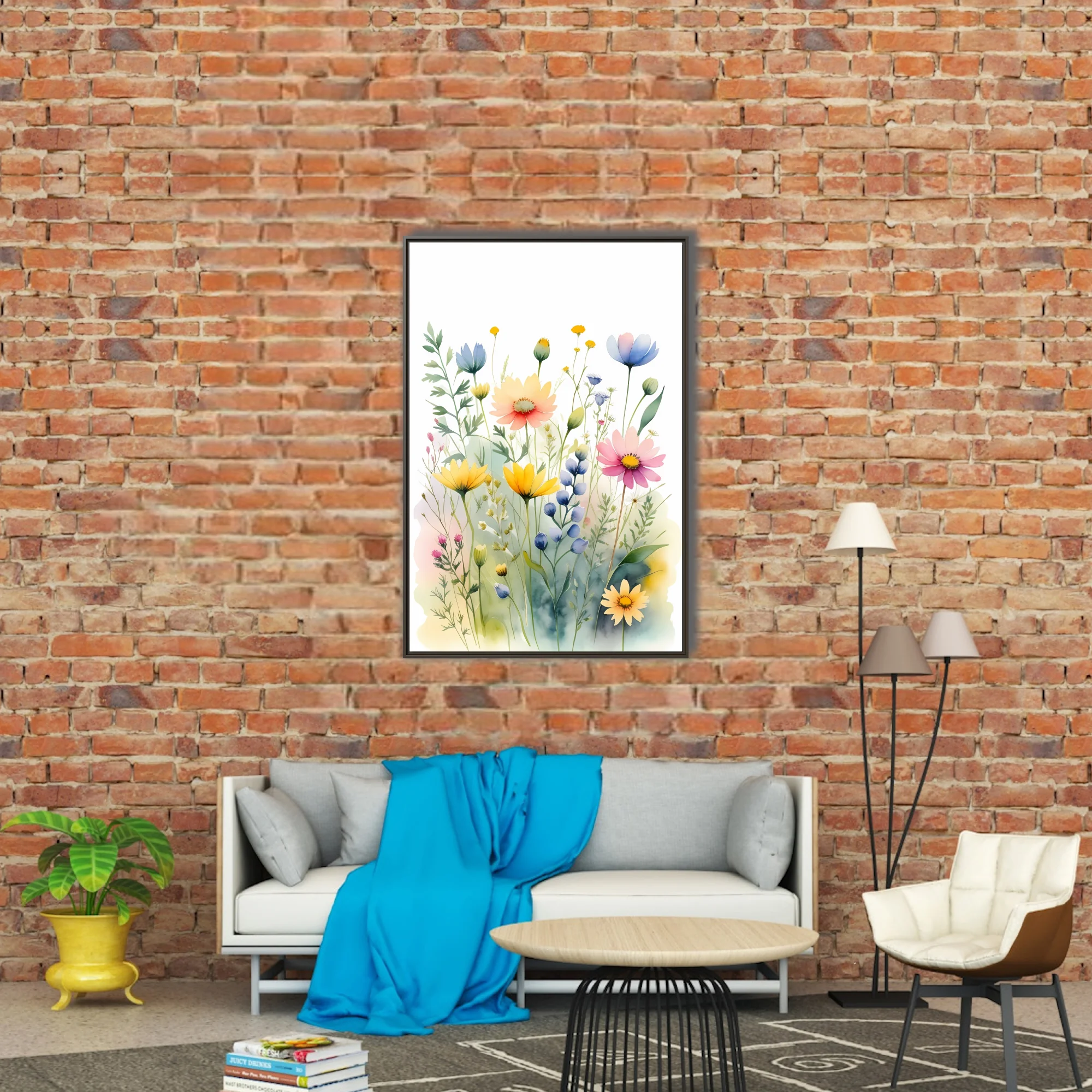 Watercolor-style wildflower meadow illustration in pastel yellow, pink and blue tones
