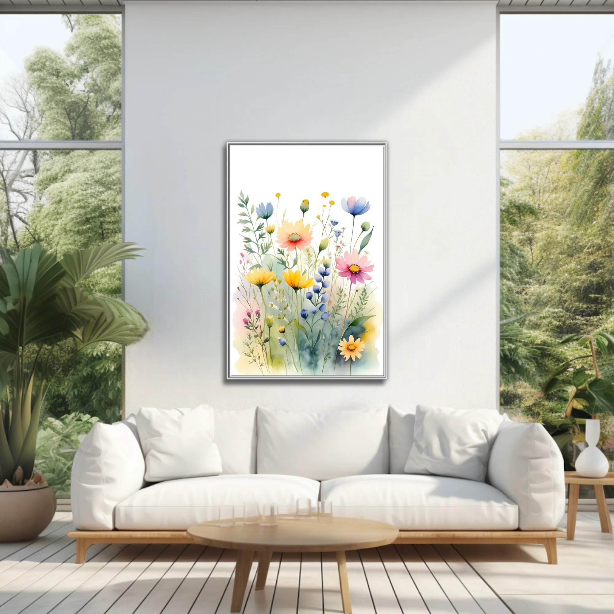 Watercolor-style wildflower meadow illustration in pastel yellow, pink and blue tones