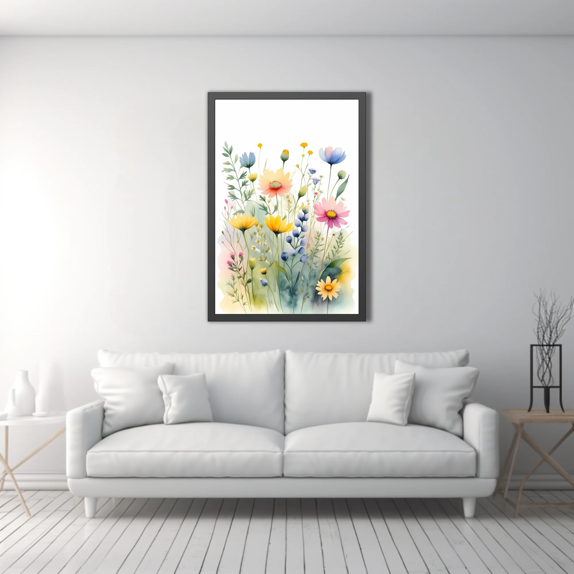 Watercolor-style wildflower meadow illustration in pastel yellow, pink and blue tones