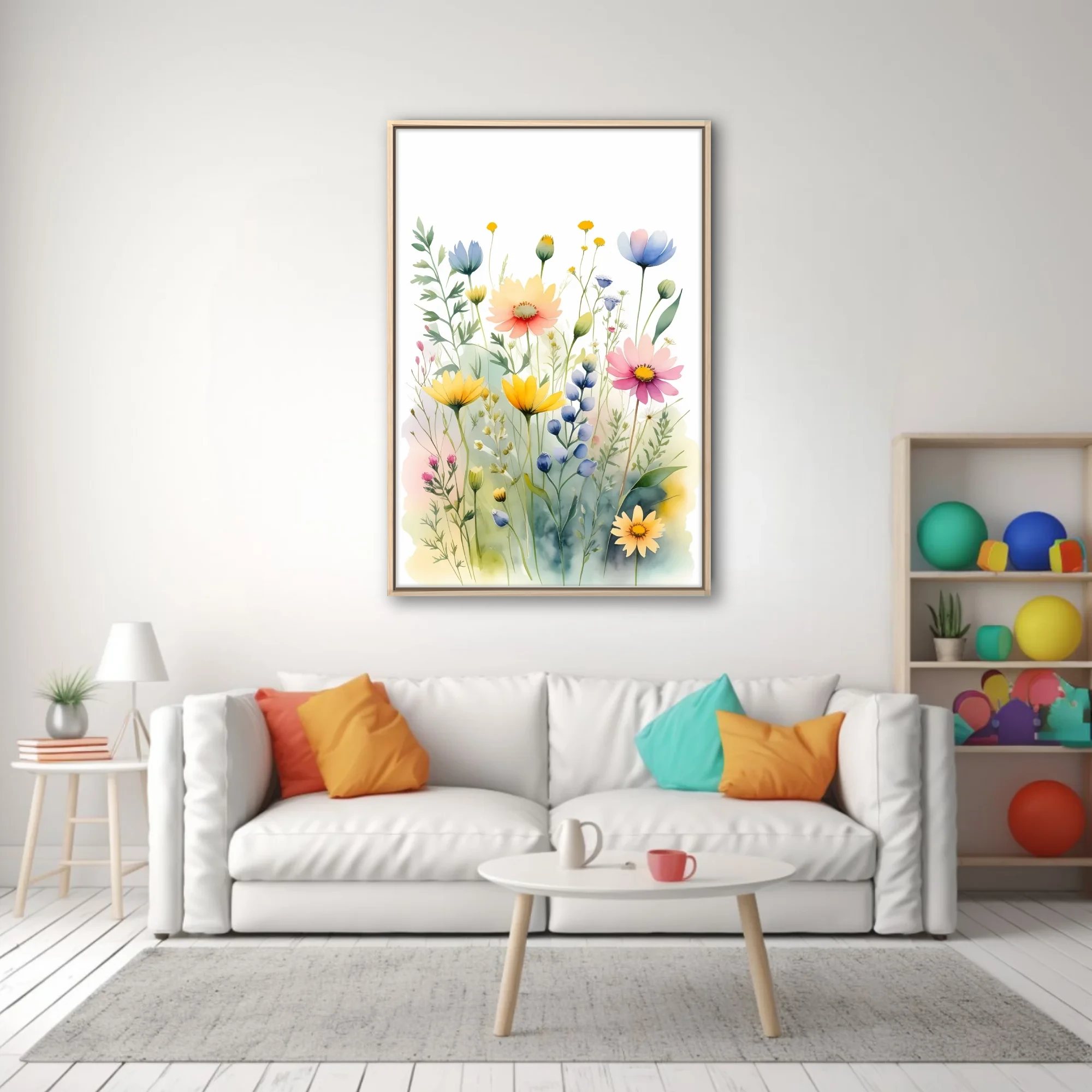Watercolor-style wildflower meadow illustration in pastel yellow, pink and blue tones