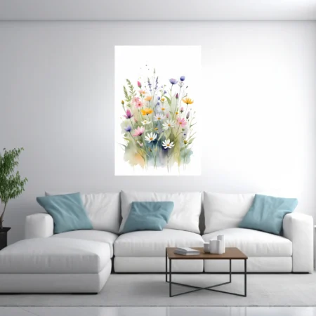 Watercolor-style wildflower meadow in soft pastels — pinks, yellows, purples, and white blooms