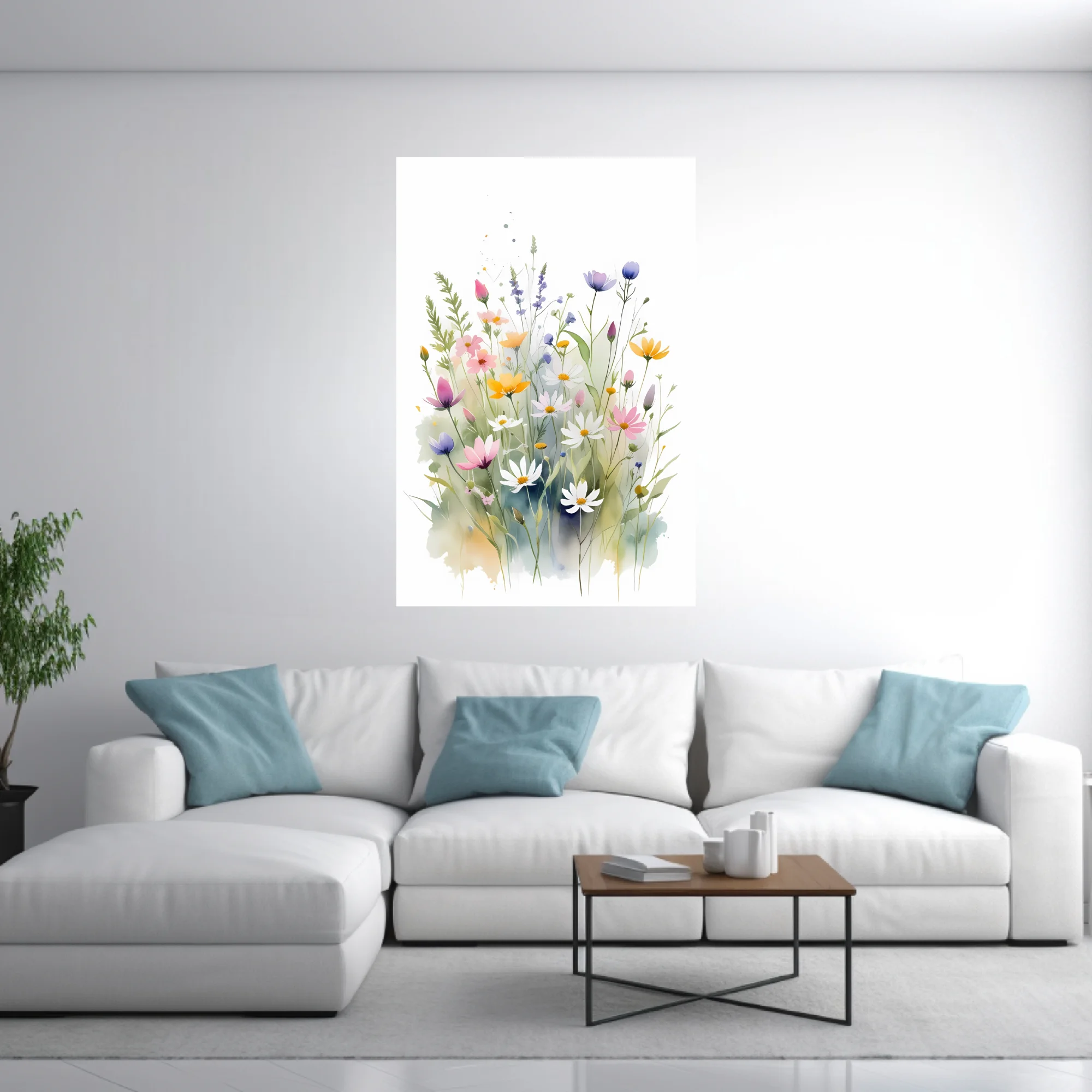 Watercolor-style wildflower meadow in soft pastels — pinks, yellows, purples, and white blooms