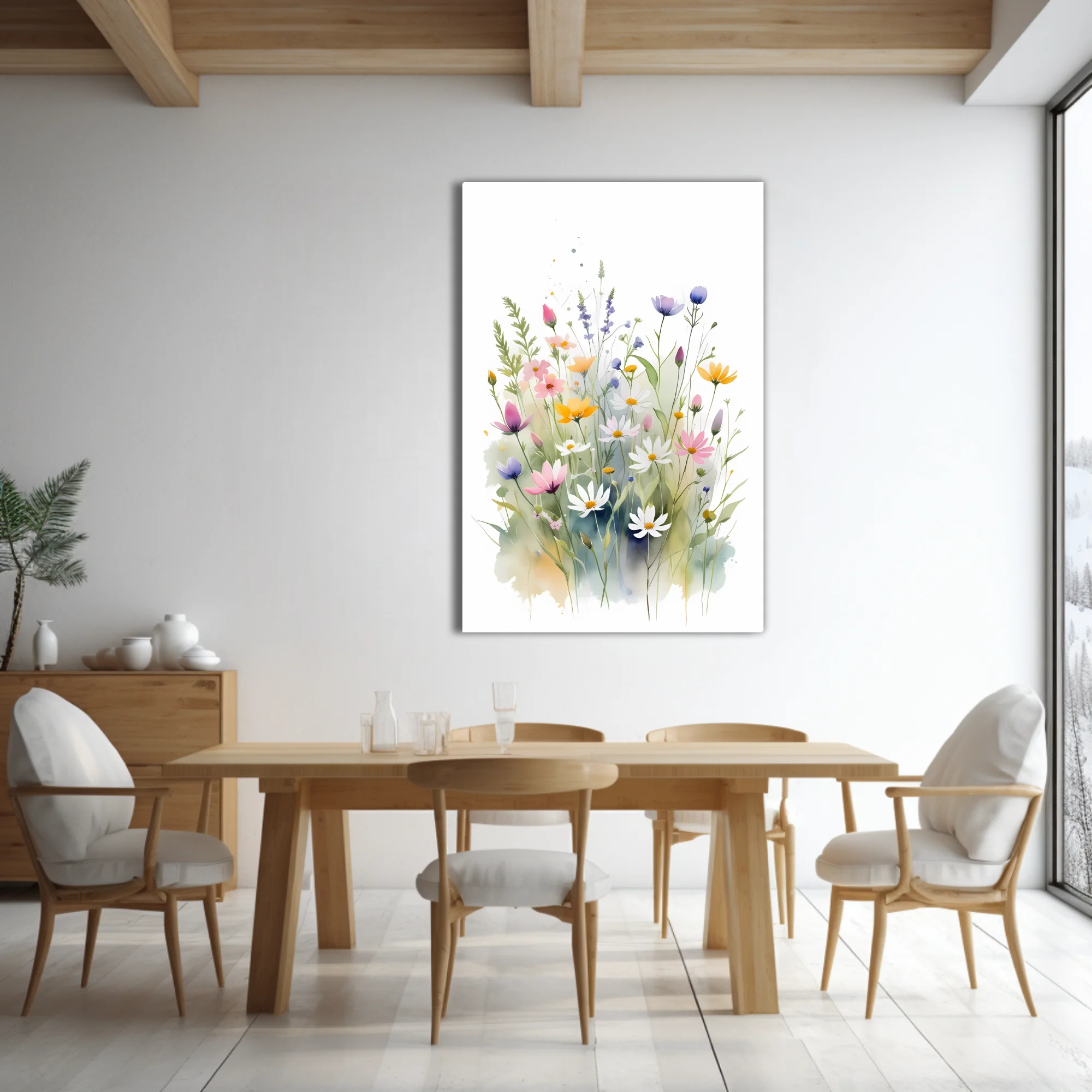Watercolor-style wildflower meadow in soft pastels — pinks, yellows, purples, and white blooms