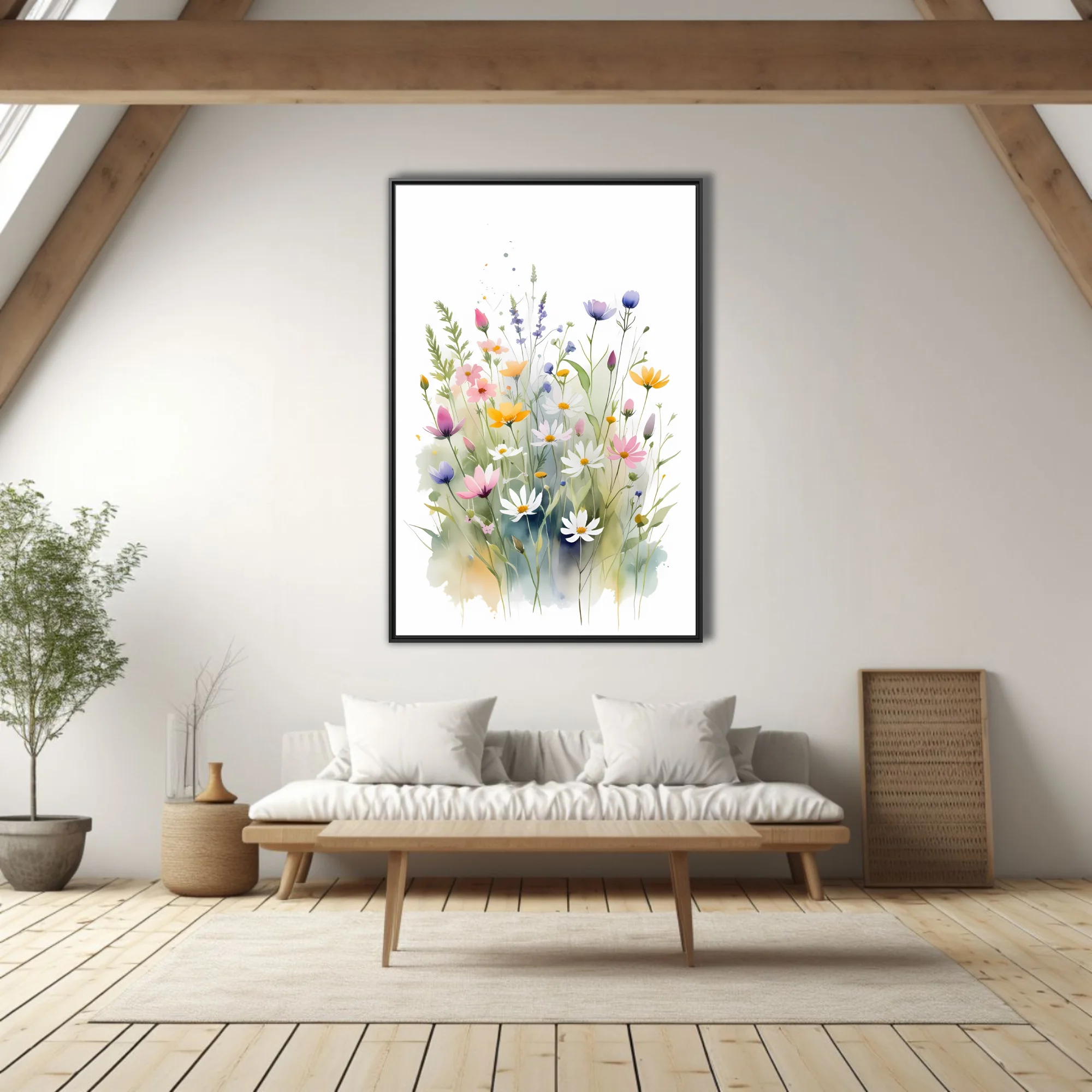 Watercolor-style wildflower meadow in soft pastels — pinks, yellows, purples, and white blooms