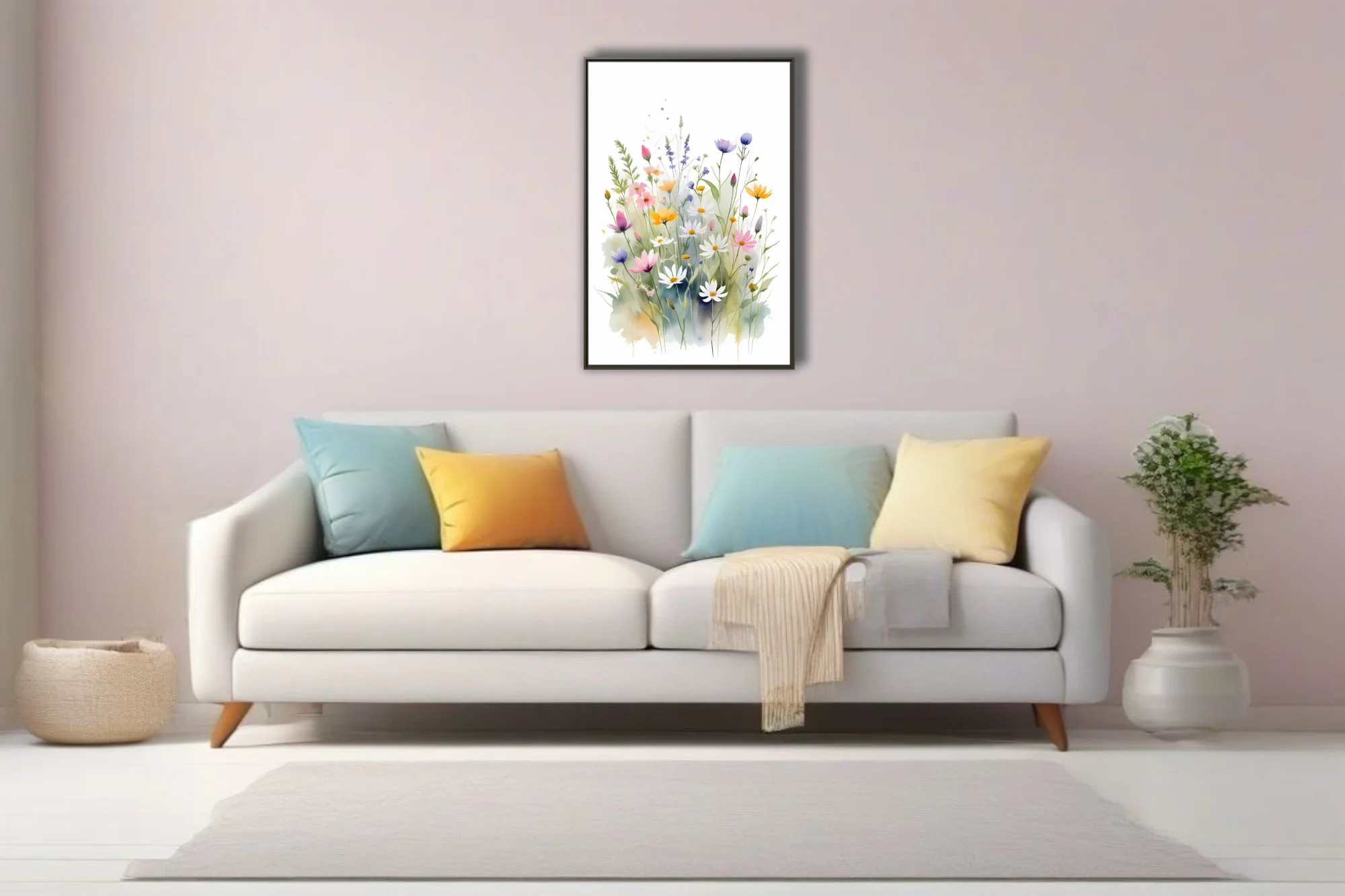 Watercolor-style wildflower meadow in soft pastels — pinks, yellows, purples, and white blooms