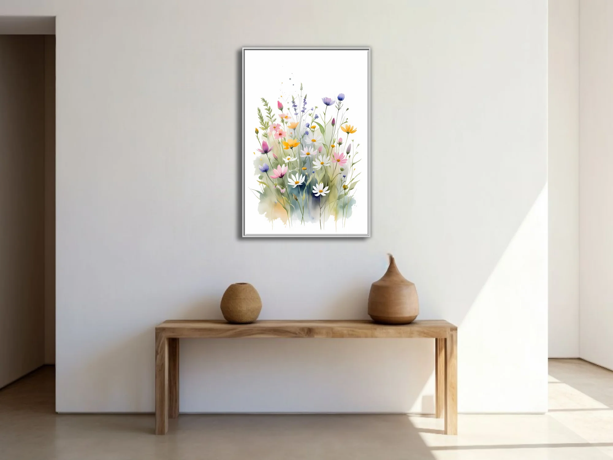 Watercolor-style wildflower meadow in soft pastels — pinks, yellows, purples, and white blooms
