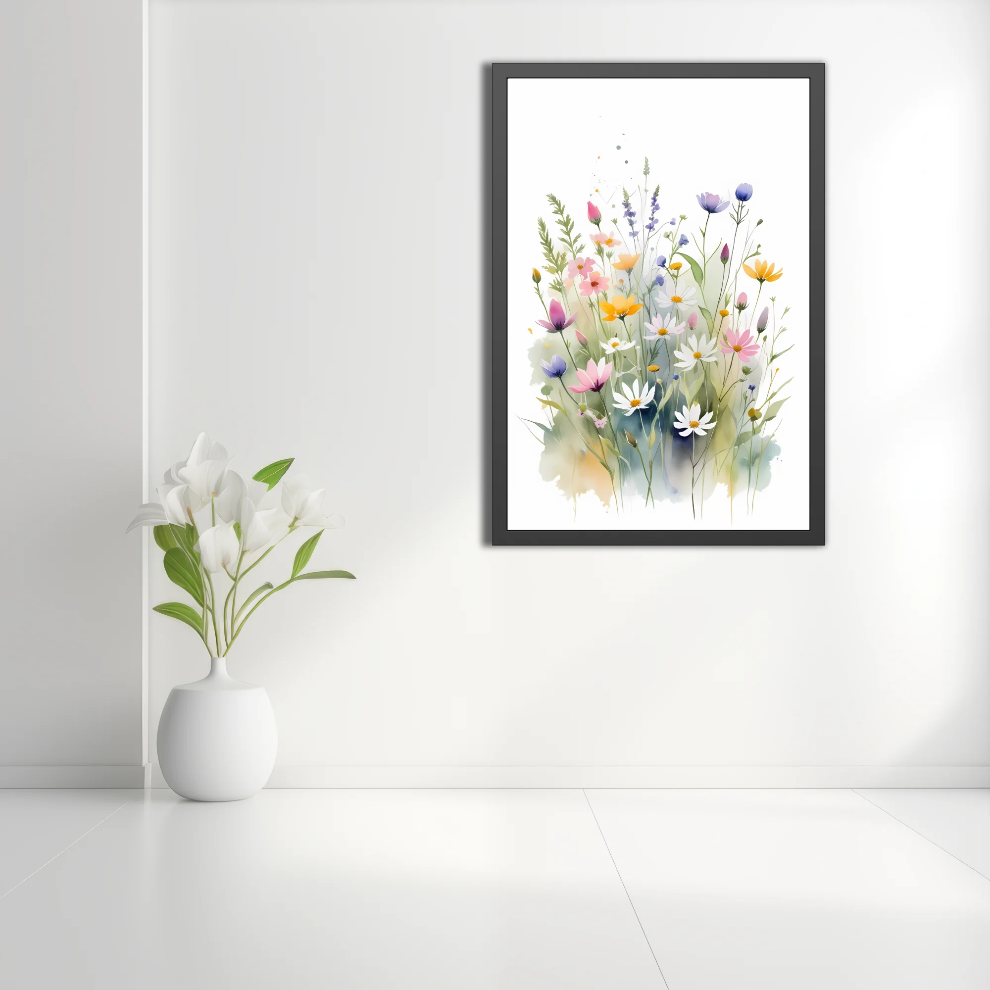 Watercolor-style wildflower meadow in soft pastels — pinks, yellows, purples, and white blooms
