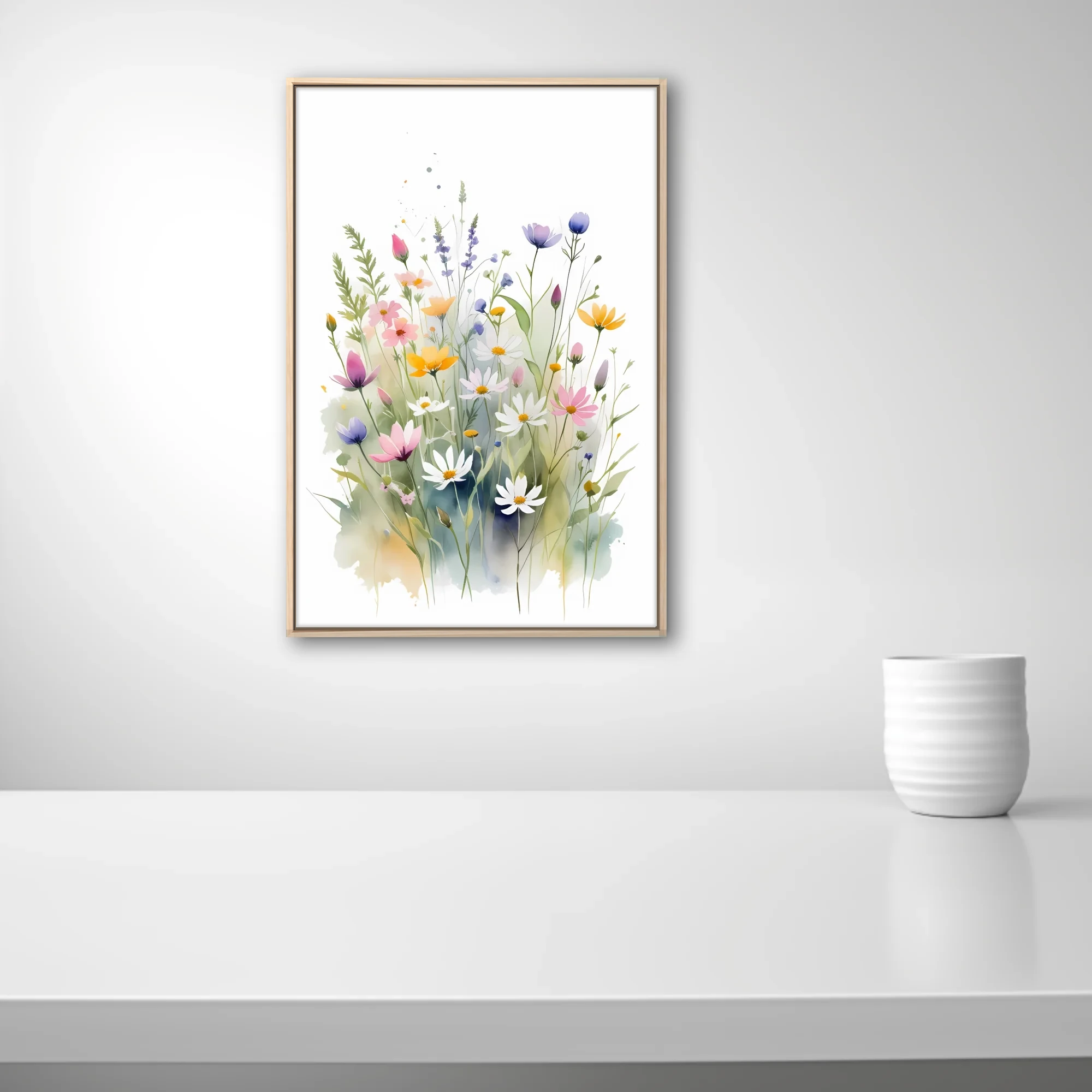 Watercolor-style wildflower meadow in soft pastels — pinks, yellows, purples, and white blooms