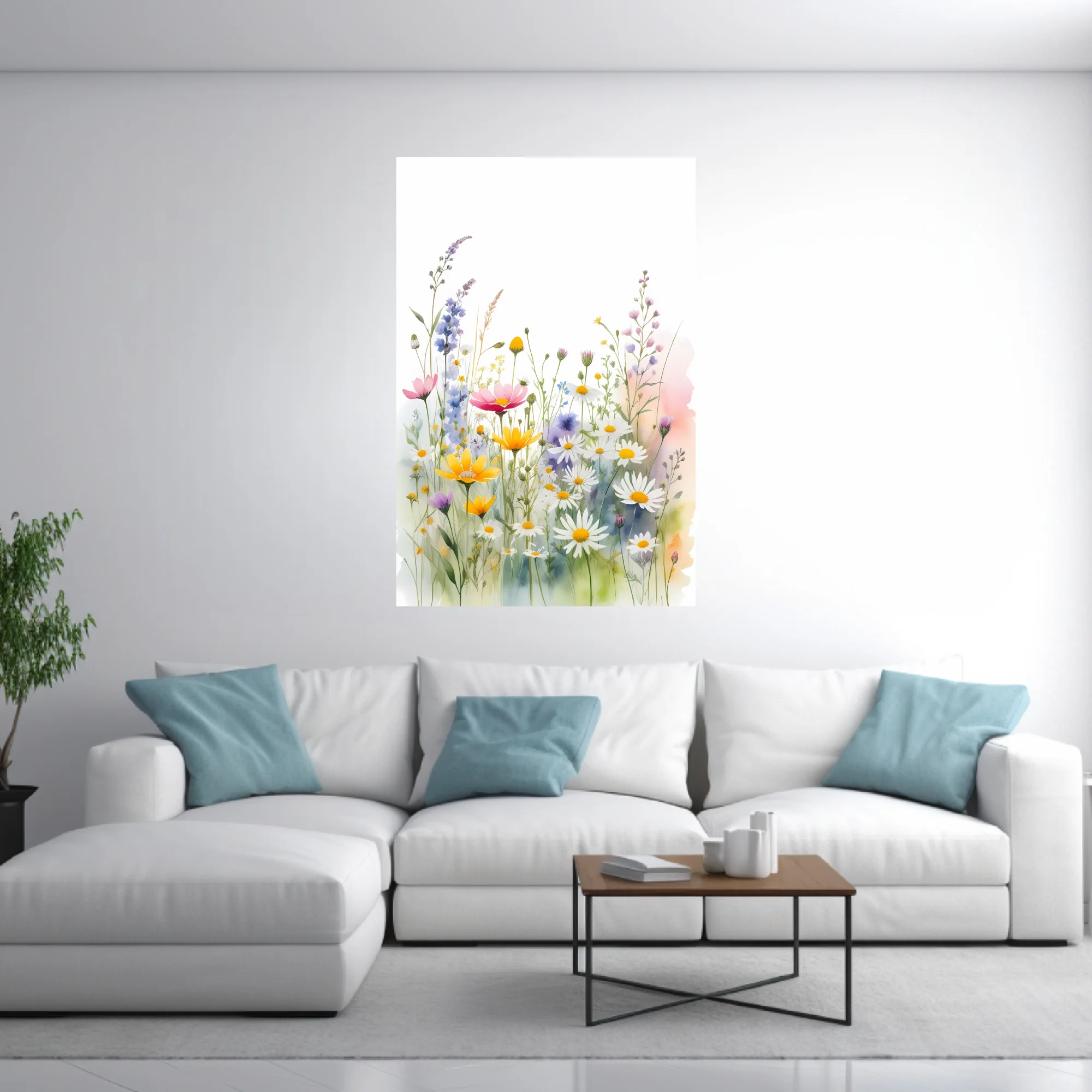 Watercolor-style wildflower meadow with daisies, yellow blooms, and pastel botanicals