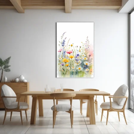 Watercolor-style wildflower meadow with daisies, yellow blooms, and pastel botanicals