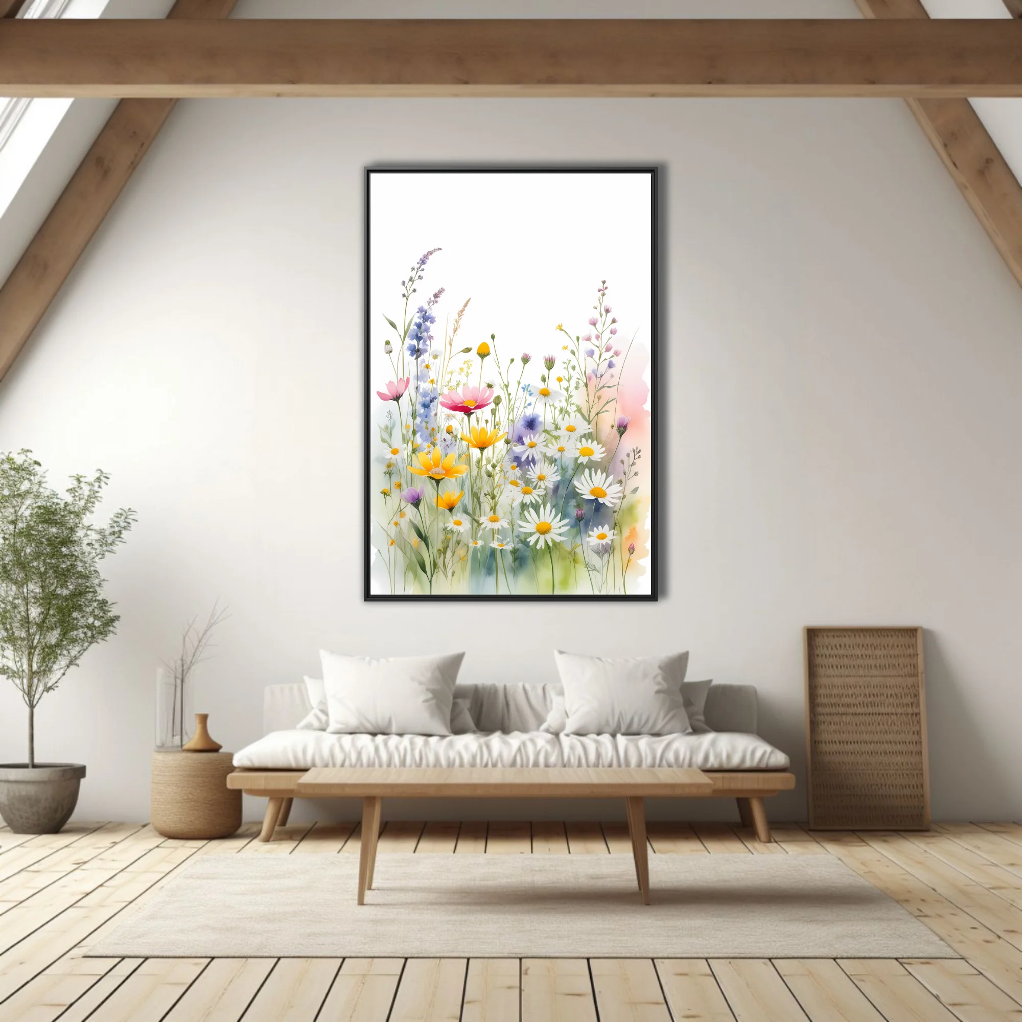 Watercolor-style wildflower meadow with daisies, yellow blooms, and pastel botanicals