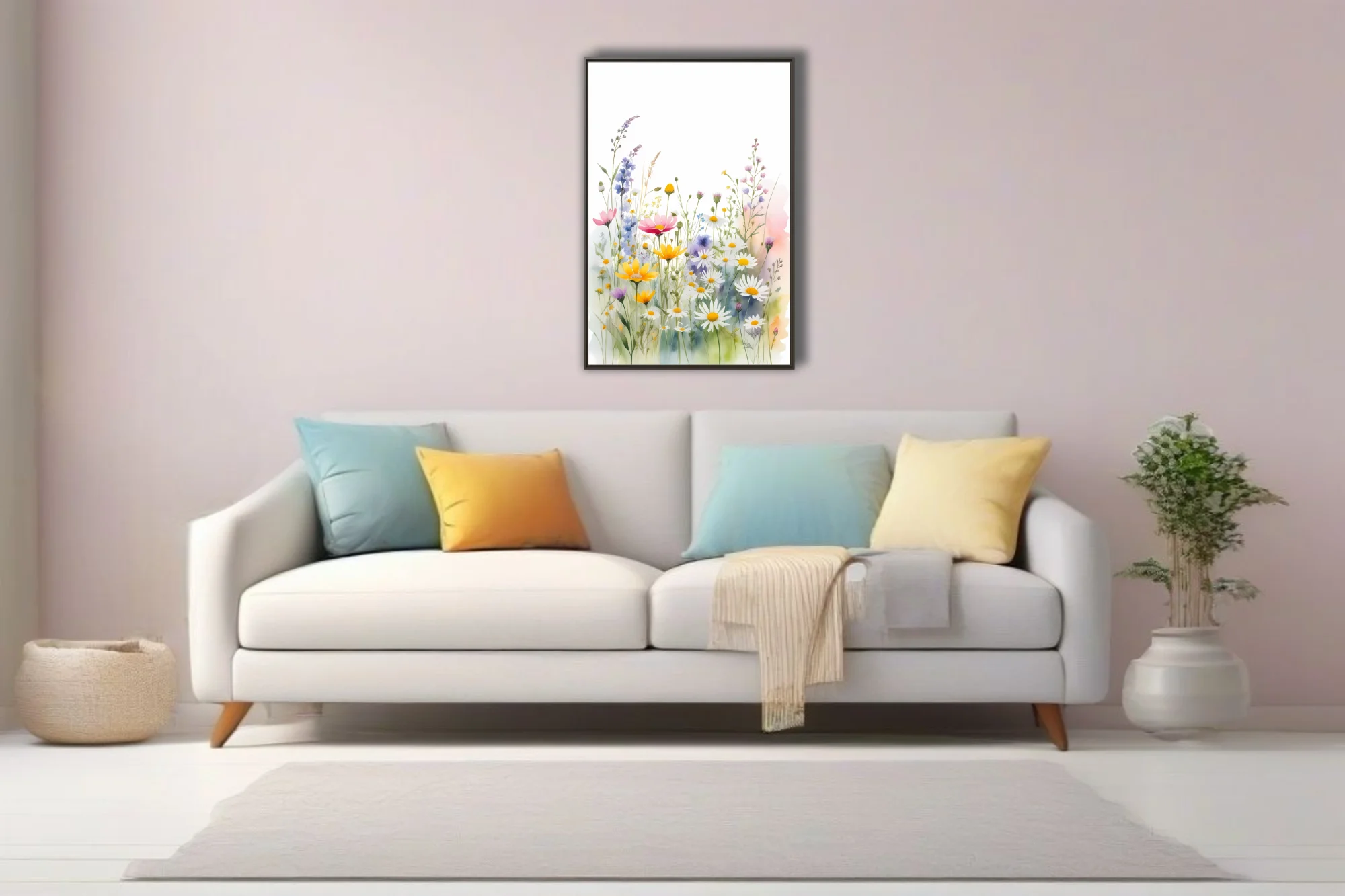Watercolor-style wildflower meadow with daisies, yellow blooms, and pastel botanicals