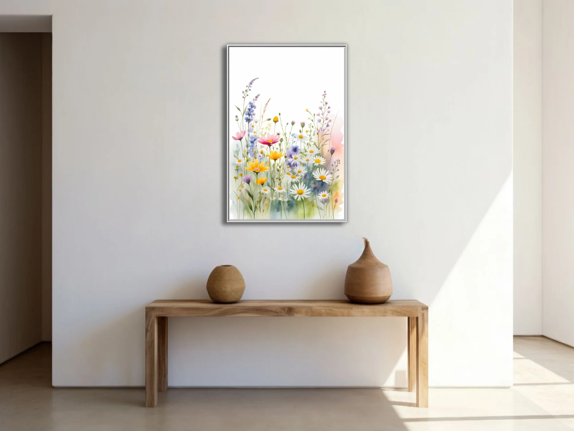 Watercolor-style wildflower meadow with daisies, yellow blooms, and pastel botanicals