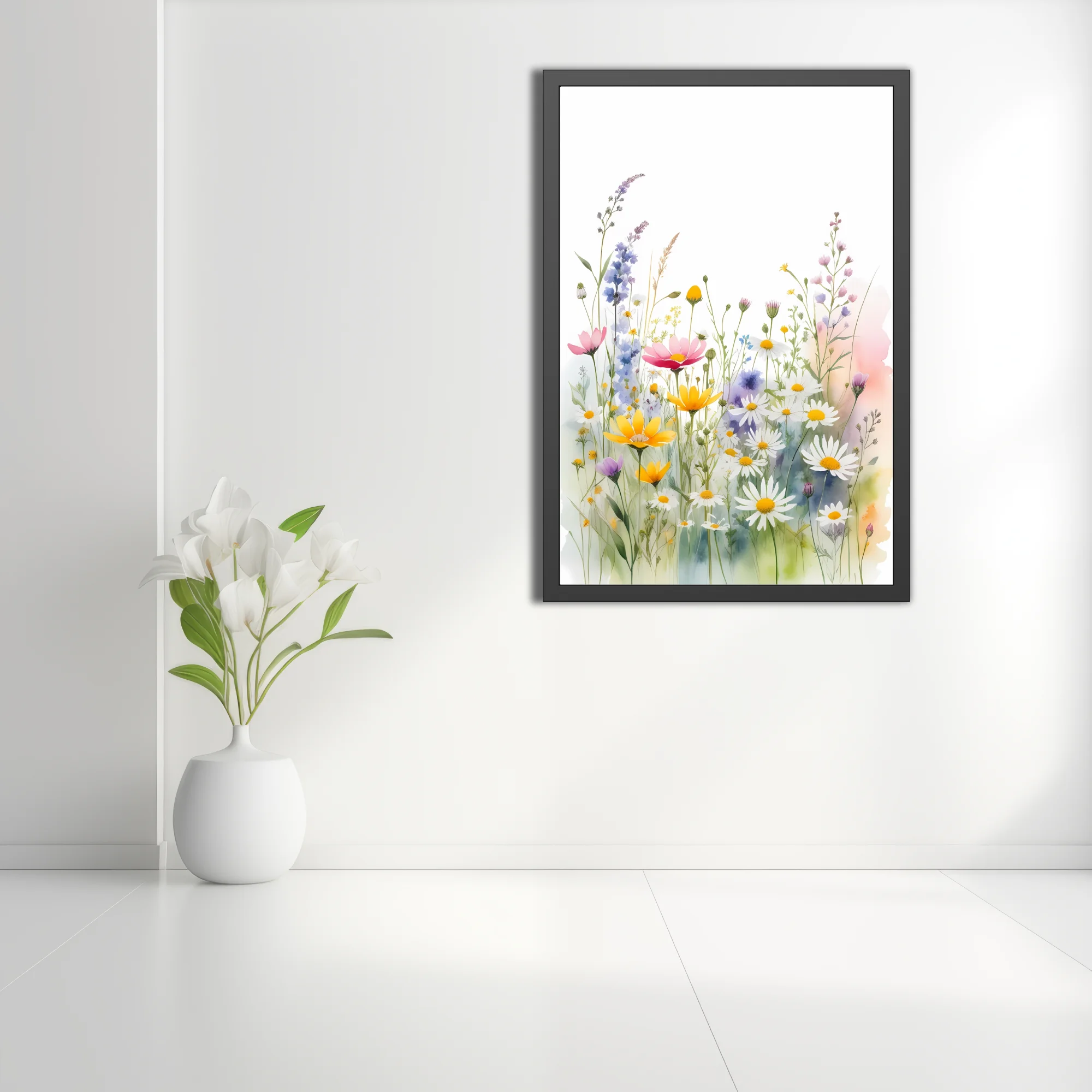 Watercolor-style wildflower meadow with daisies, yellow blooms, and pastel botanicals