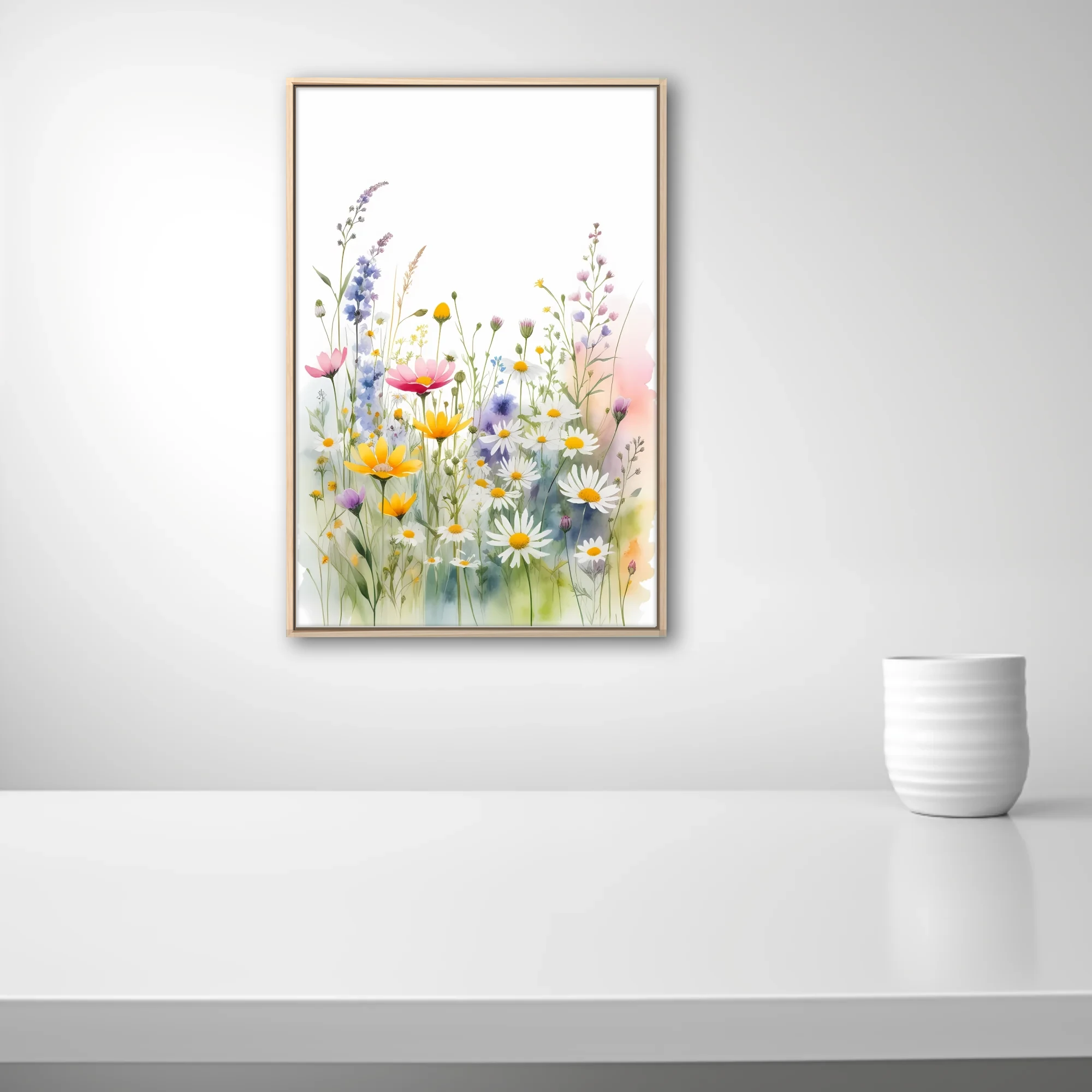Watercolor-style wildflower meadow with daisies, yellow blooms, and pastel botanicals