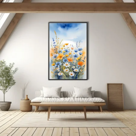 Watercolor-style wildflower meadow art in blue, orange, yellow and white