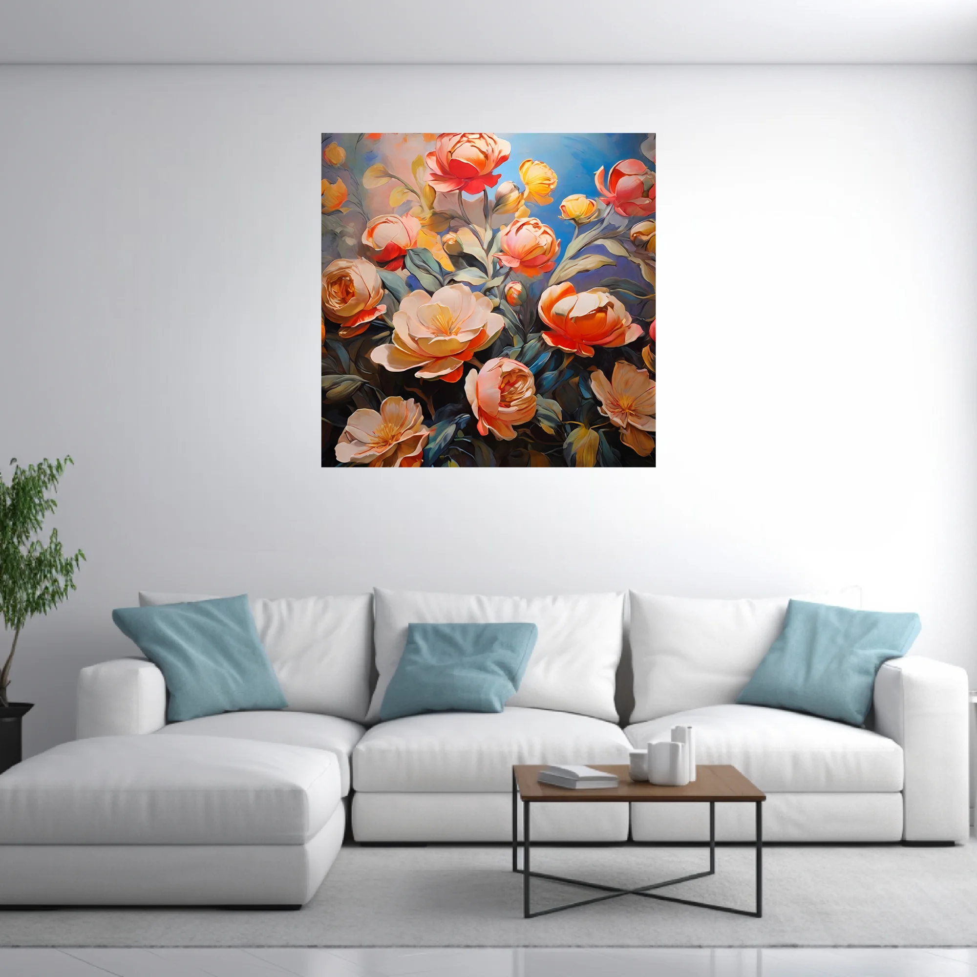 Coral, peach, and gold peonies and roses against cobalt blue in lush floral artwork