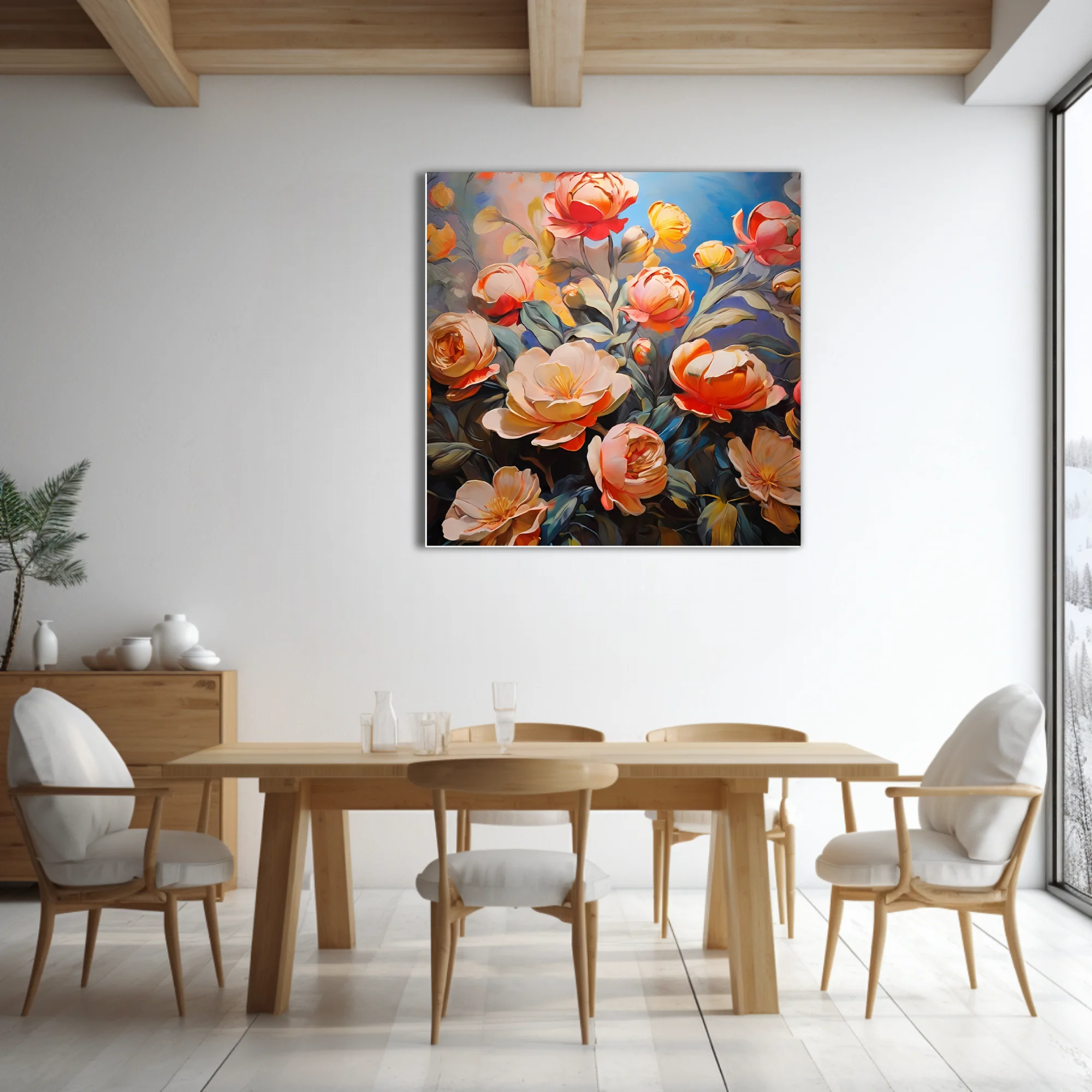 Coral, peach, and gold peonies and roses against cobalt blue in lush floral artwork