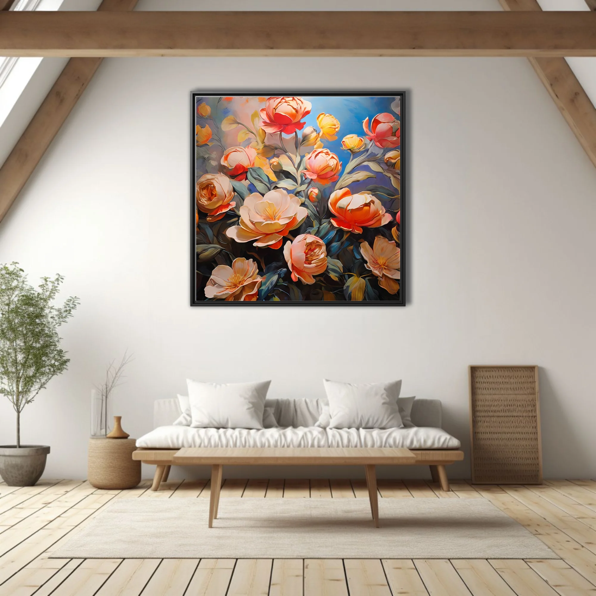 Coral, peach, and gold peonies and roses against cobalt blue in lush floral artwork