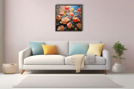 Coral, peach, and gold peonies and roses against cobalt blue in lush floral artwork