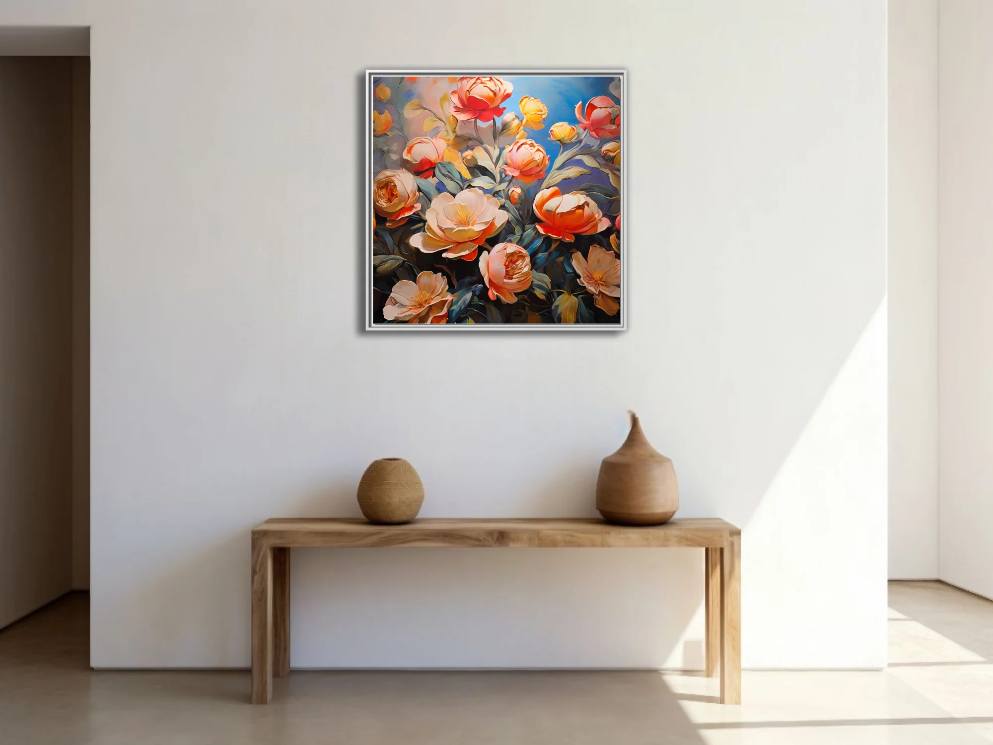 Coral, peach, and gold peonies and roses against cobalt blue in lush floral artwork