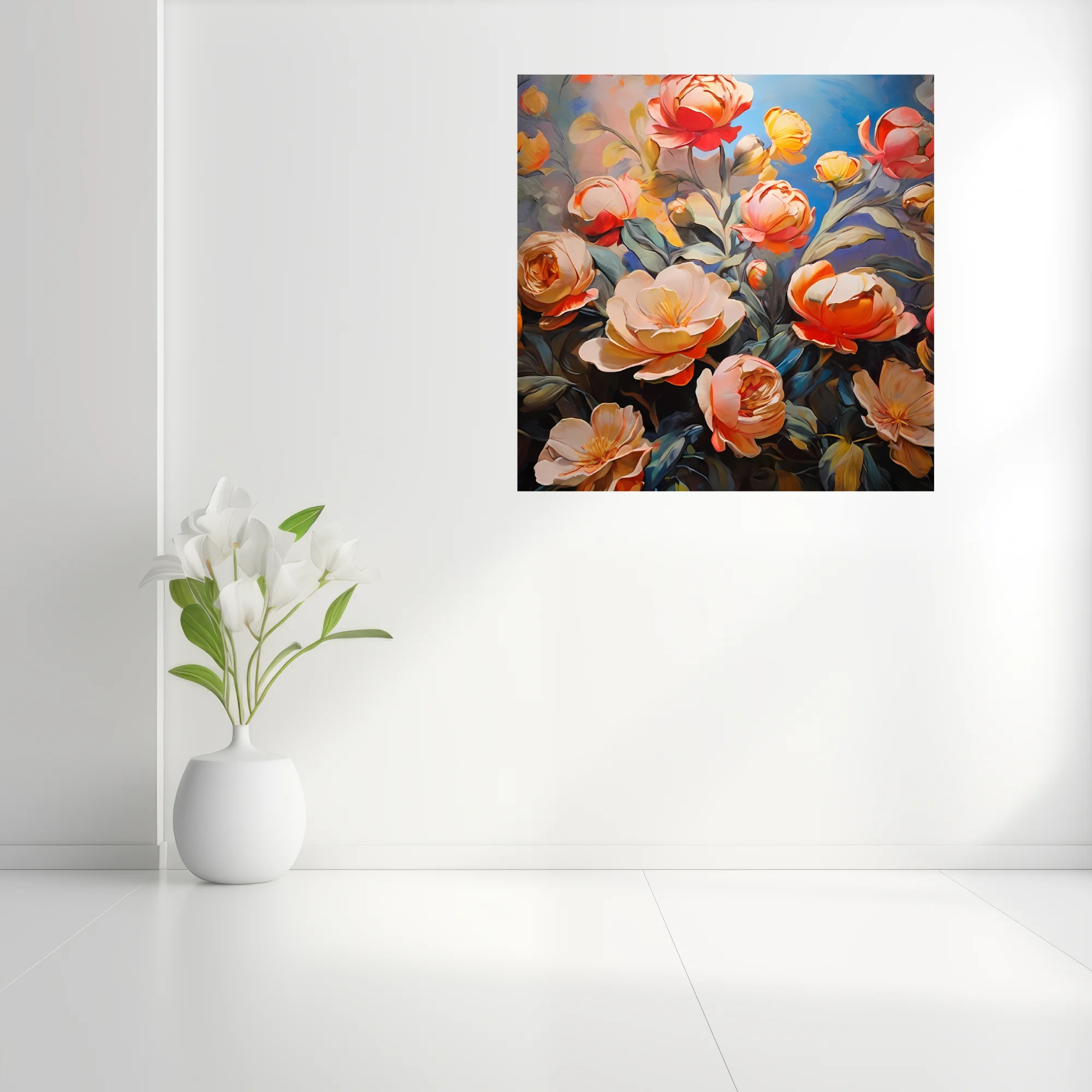 Coral, peach, and gold peonies and roses against cobalt blue in lush floral artwork