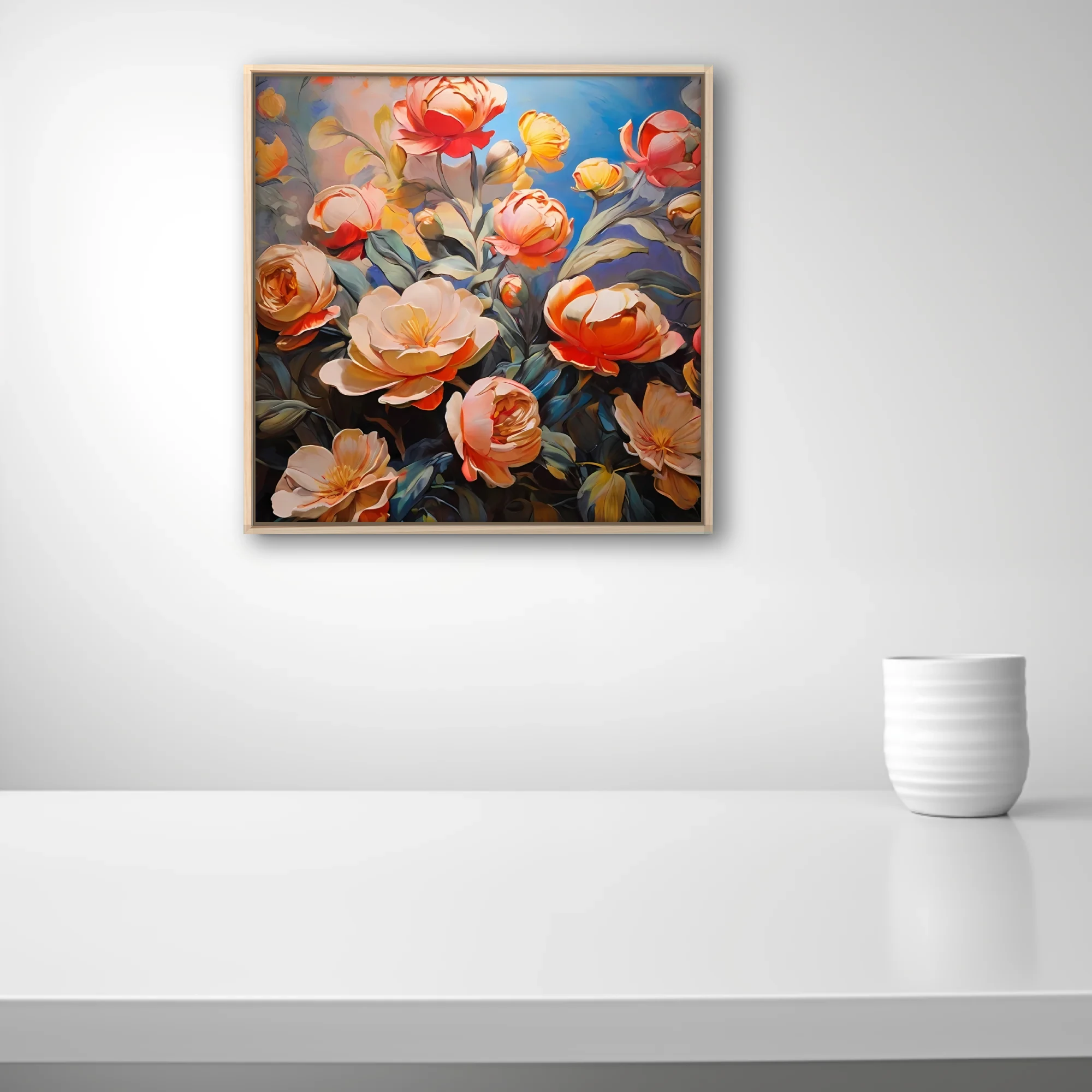 Coral, peach, and gold peonies and roses against cobalt blue in lush floral artwork